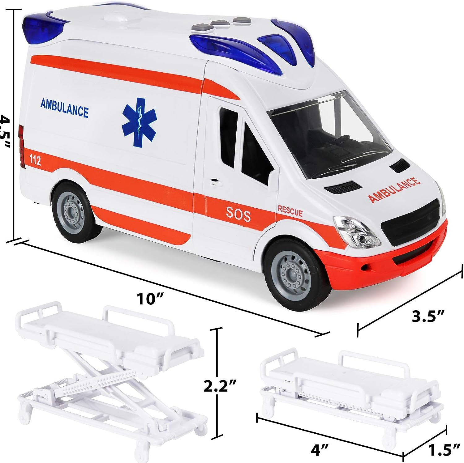 Kiddie Play Ambulance Toy Friction Powered Emergency & Rescue Vehicle Set with Lights and Siren, Doors That Open and a Stretcher