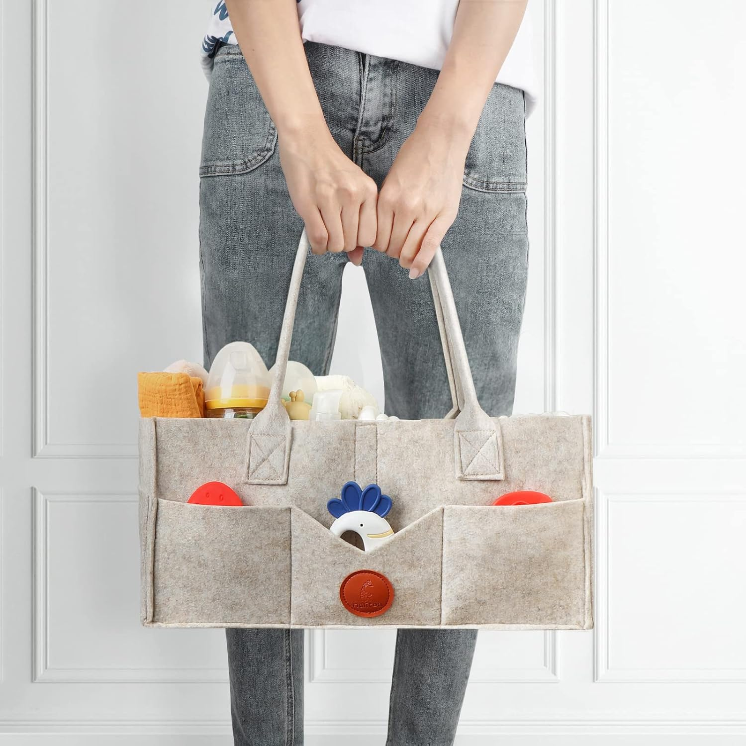 Maliton Baby Diaper Caddy Organizer for Changing Table, Nursery Storage Bin Basket with Handle, Felt Diaper Organizer Suitable for Indoor Outdoor (Khaki) image number 4