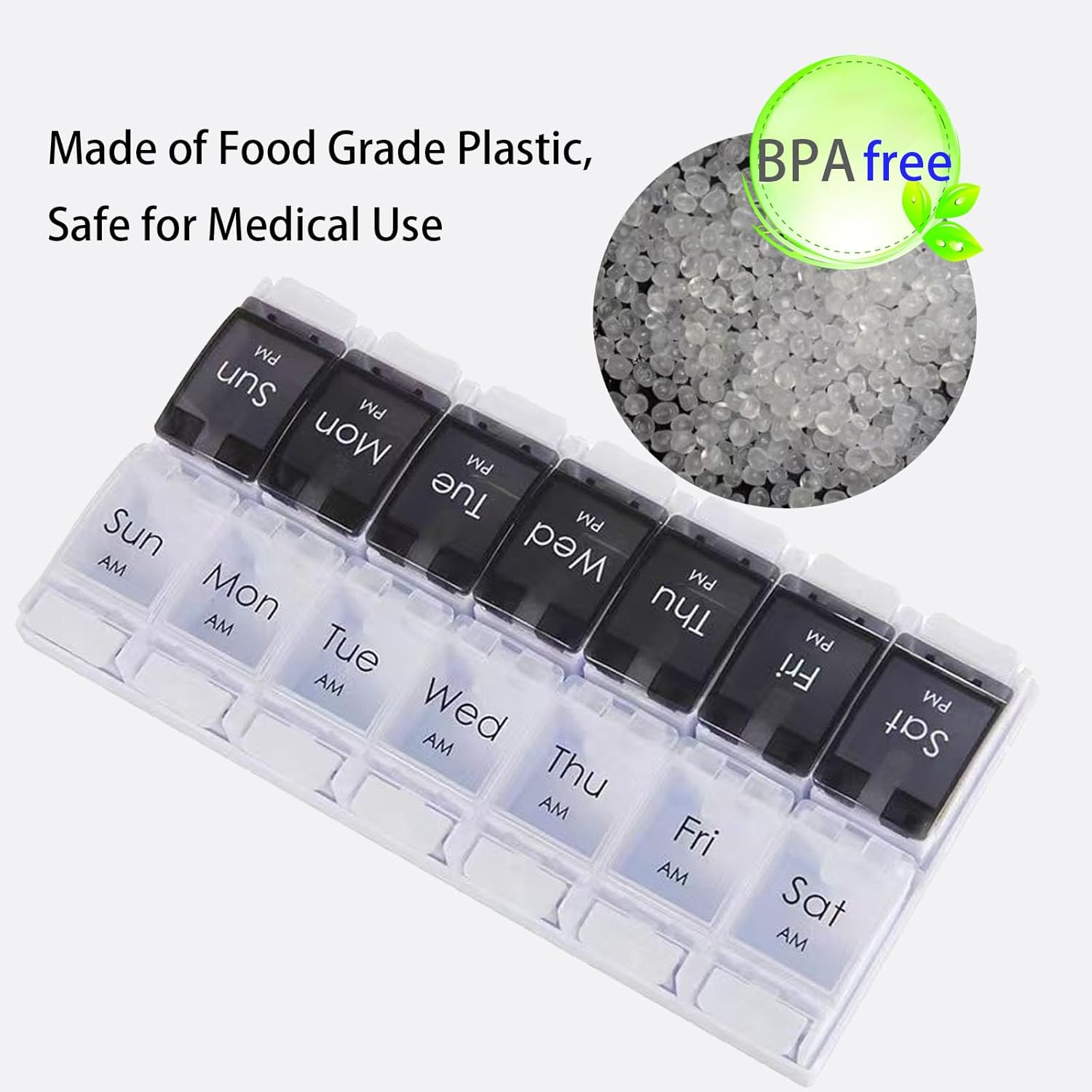 7-Day Pill Organizer (Black/White) | AM/PM Weekly Pill Case with Removable Trays & Push-Button Design | Bpa-Free, Large Capacity for Fish Oil, Vitamins, Supplements | Travel-Friendly Medication Box (14 Compartments) image number 3