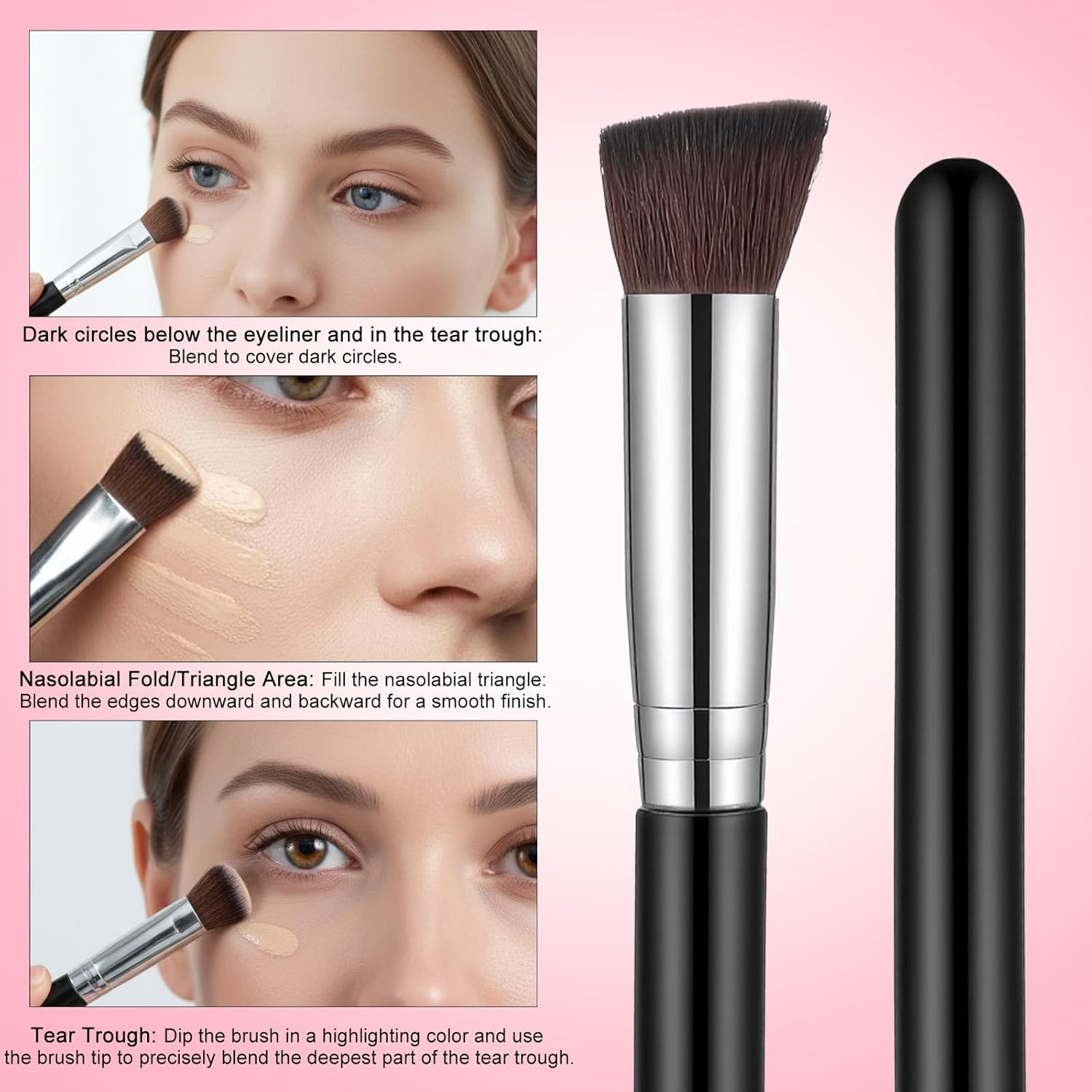 2 PCS Corner Eye Brush Triangle Concealer Brush Small Nose Contour Foundation Makeup Brushes Angled under Eye Brightening Brushes for Cream Face Contour Blending (Black) image number 6