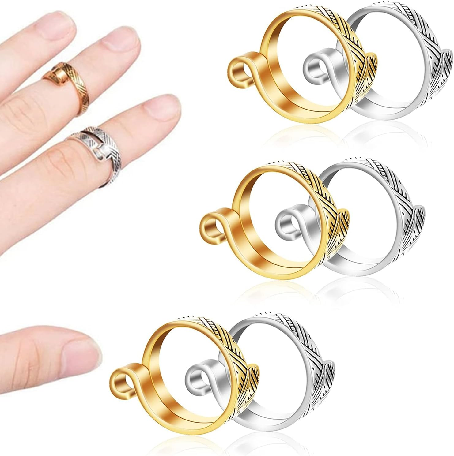 6 Pack Knitting Crochet Loop Ring, Adjustable Crochet Loop Ring Hook Braided Knitting Ring Yarn Guide Finger Holder Knitting Craft Accessories Tools for Mother Grandma Presents - 3 Gold & 3 Silver image number 3