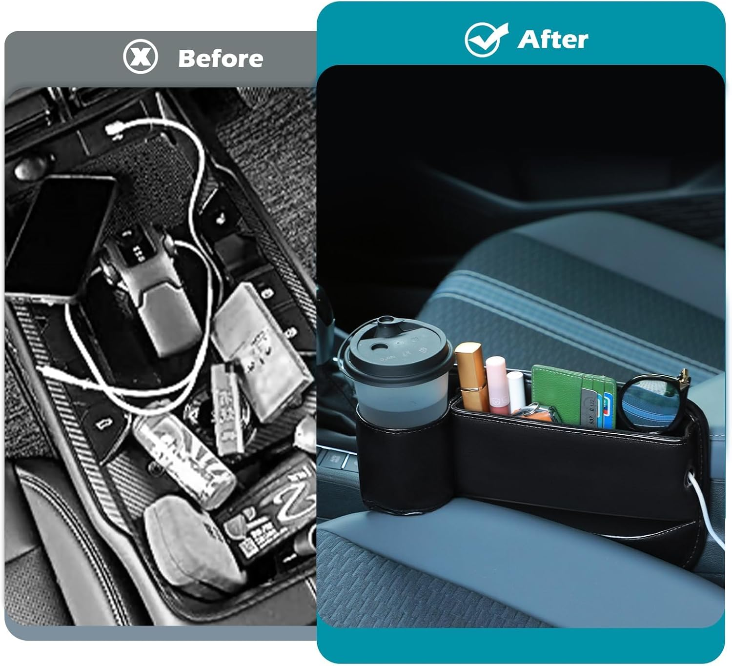 2 Pack Car Seat Gap Filler Organizer, Leather Car Seat Gap Storage Box with Cup Holder, Front Seat Storage Organizer, Car Center Console Side Storage Container, Universal Car Interior Accessories image number 1