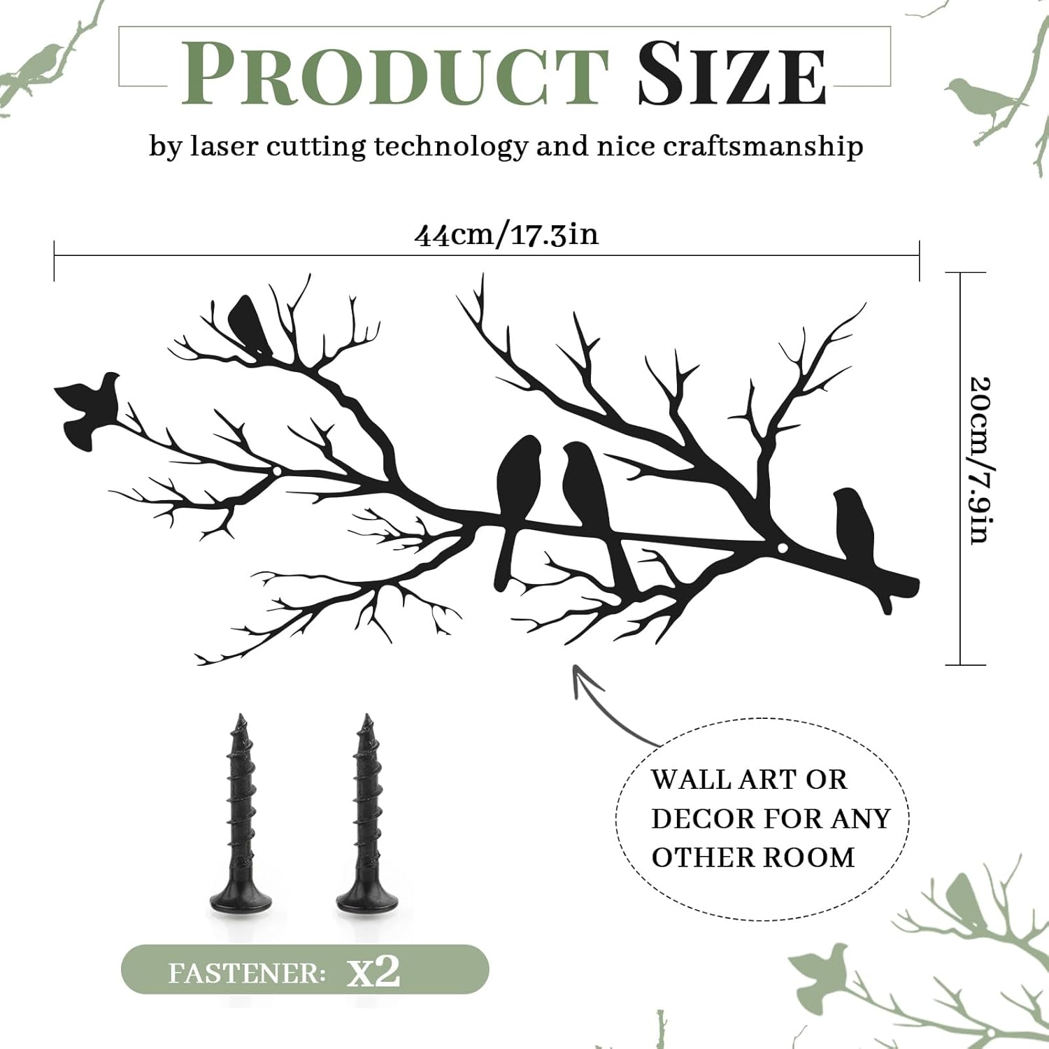 Metal Birds Wall Art Decor, Vivid Birds on Branch Wall Decor, Large Bird Silhouette Room Ornament, Leaves with Birds Hanging Wall Sculpture, Rustic Bird Wall Art for Home, Garden,Balcony, Grille image number 2