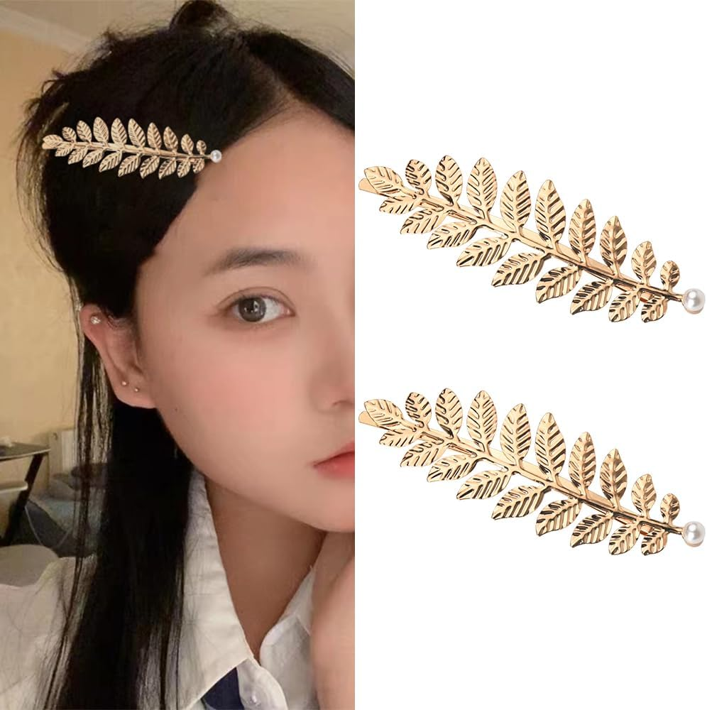 Guqqeuc Leaf Hair Clips Greek Goddess Hair Barrettes for Women Girls Leaves Bobby Pins for Wedding Bridal Hair Clip Prom Tiaras Pearl Leaf Headpiece for Bride Bridesmaid 2Pcs