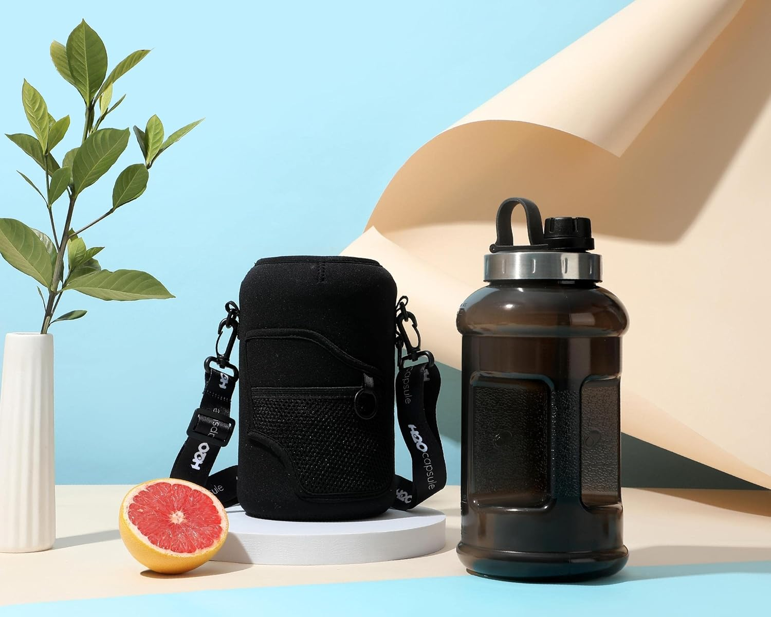H2O Capsule 2.2L Half Gallon Wide Mouth Water Bottle with Storage Sleeve and Removable Straw - Hydration Tracker Jug with Measurements Marked &ndash; Shatterproof Bpa-Free, Jet Black - Check Mate image number 2