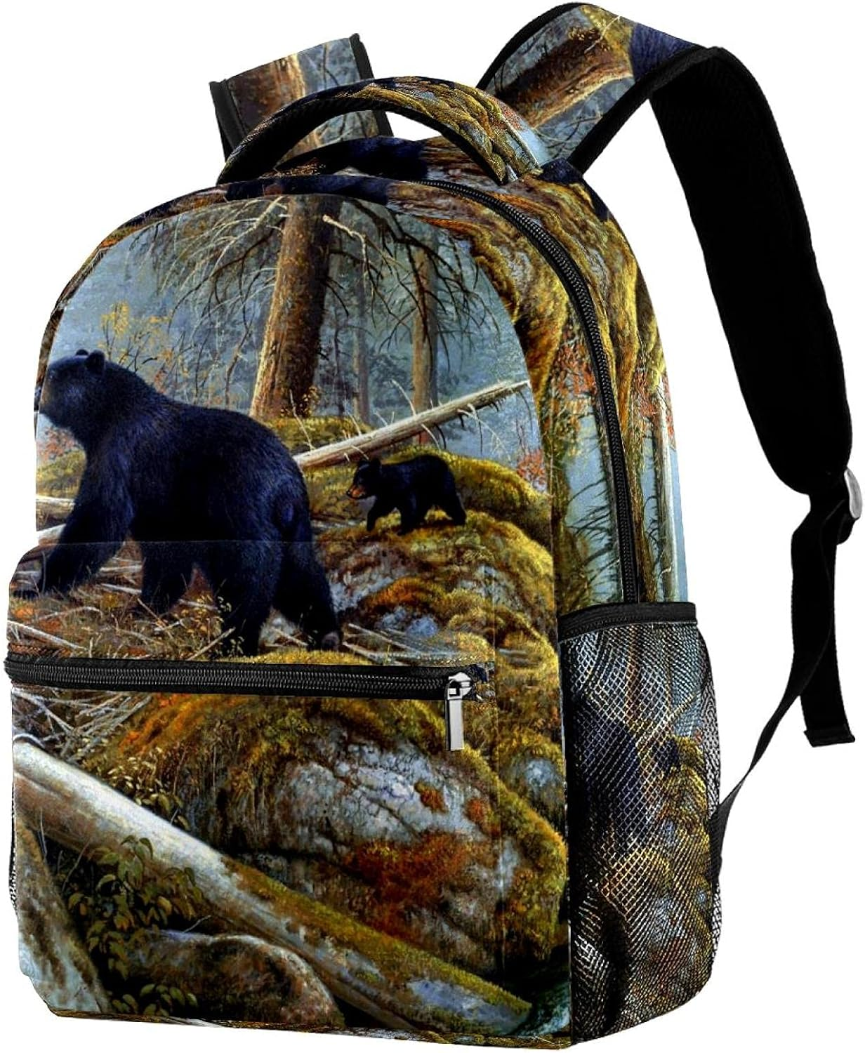 Bear and Her Cubs near Autumn Lake Backpack Students Shoulder Bags Travel Bag College School Tote Backpacks