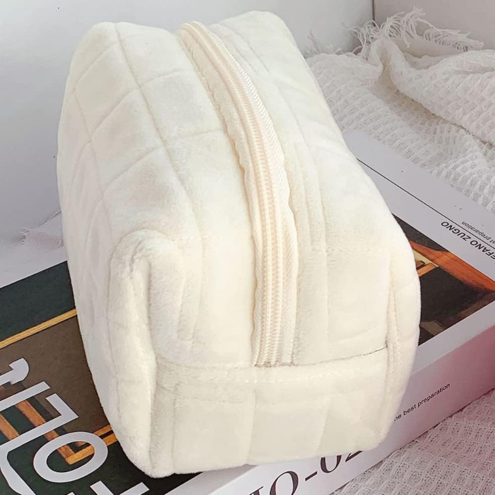 Cessfle Checkered Plush Makeup Bag Small Cosmetic Bag, Puffy Cute Makeup Bag for Purse Solid Color White Makeup Pouch with Zipper Makeup Brushes Storage Bag, 1Pc-White image number 5