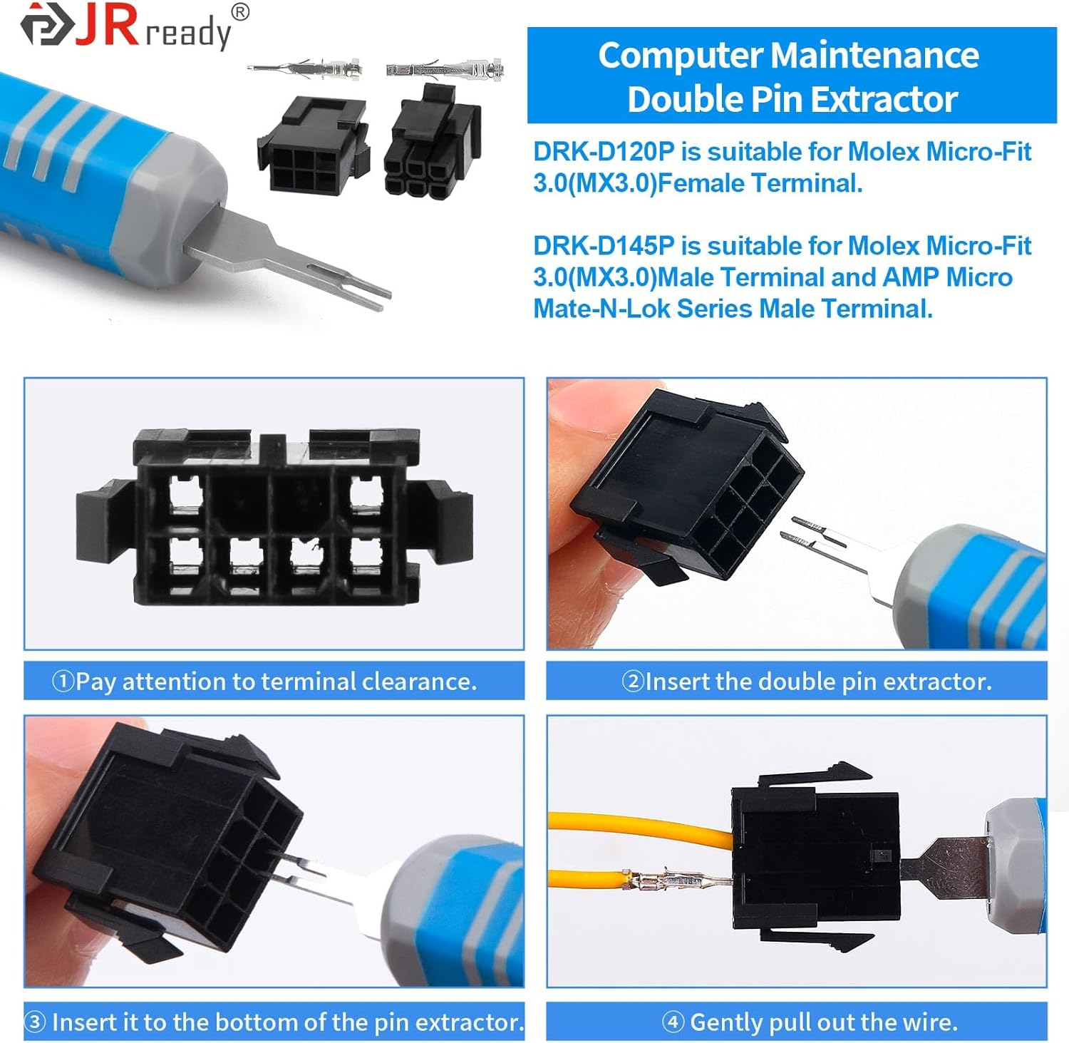Jrready ST5253-04 Molex Pin Extractor Kit Mini-Fit Jr. Extraction Molex Micro-Fit 3.0 Terminal Release Tool 3P 4P PC Fan Connector Electrical Pin Removal Tool image number 5