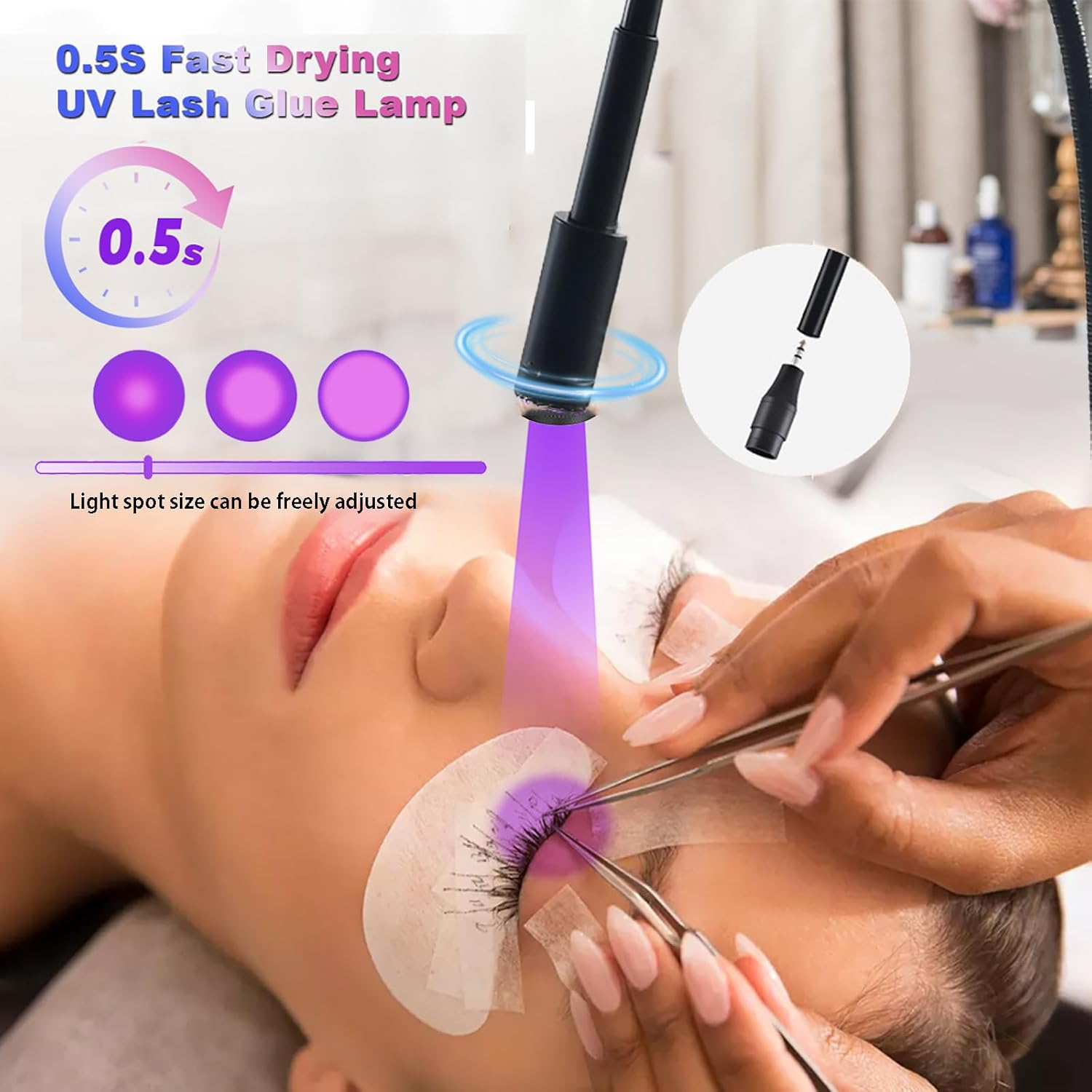 Uv Light UV Eyelash Extension Lamp 5W Flexible Gooseneck UV Nail Lamp 395 to 400Nm USB Charging UV Lash Light with Adjustable Spot Size UV Gel Curing Lamp with Clamp & Foot Pedal Switch image number 4