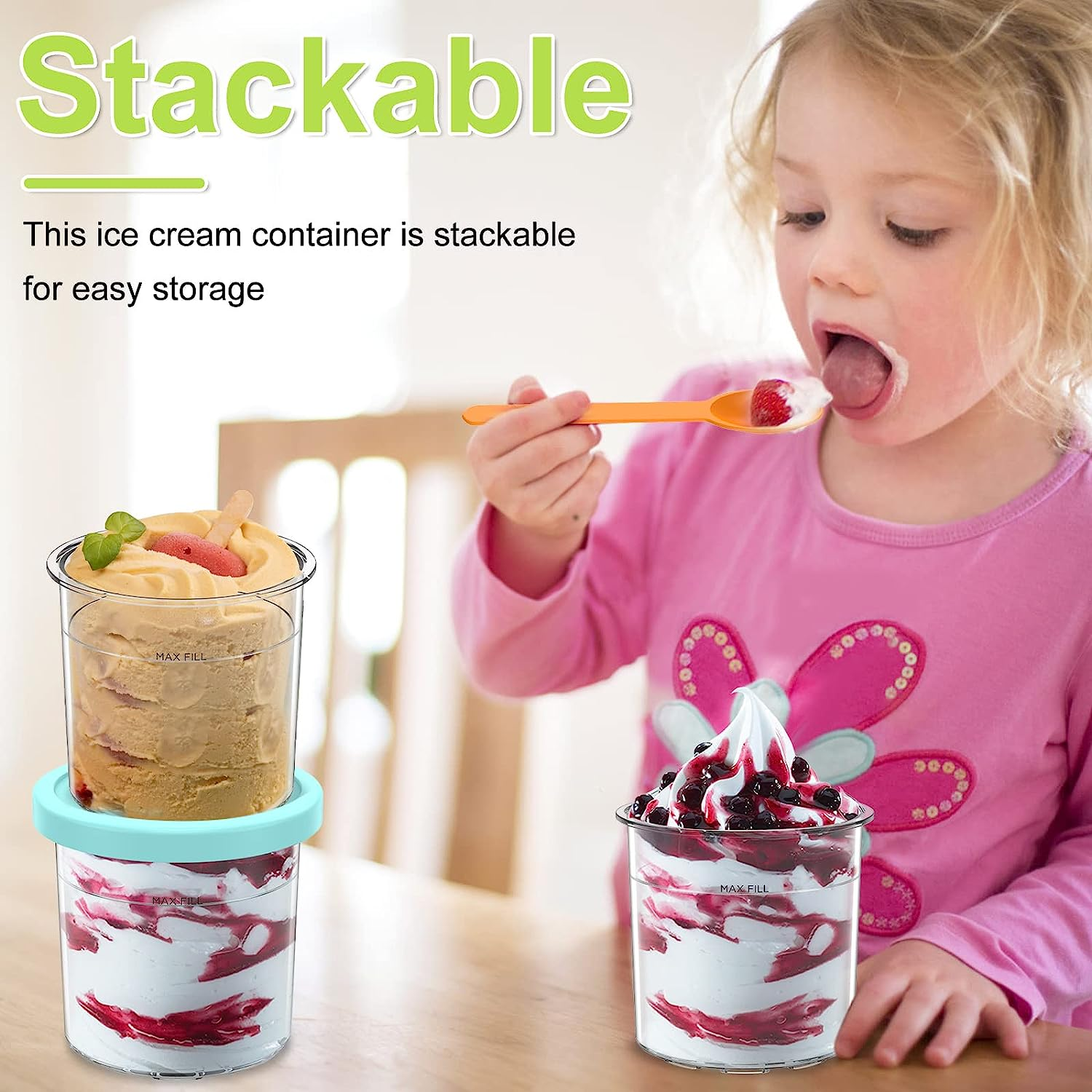 4 Pack Ice Cream Tubs for Ninja Creami 16Oz Stackable Pint Ice Cream Containers with Lid and Scoops Compatible with NC301/NC300/NC299AMZ/CN301CO Series Ice Cream Maker Container (Style 1) image number 1