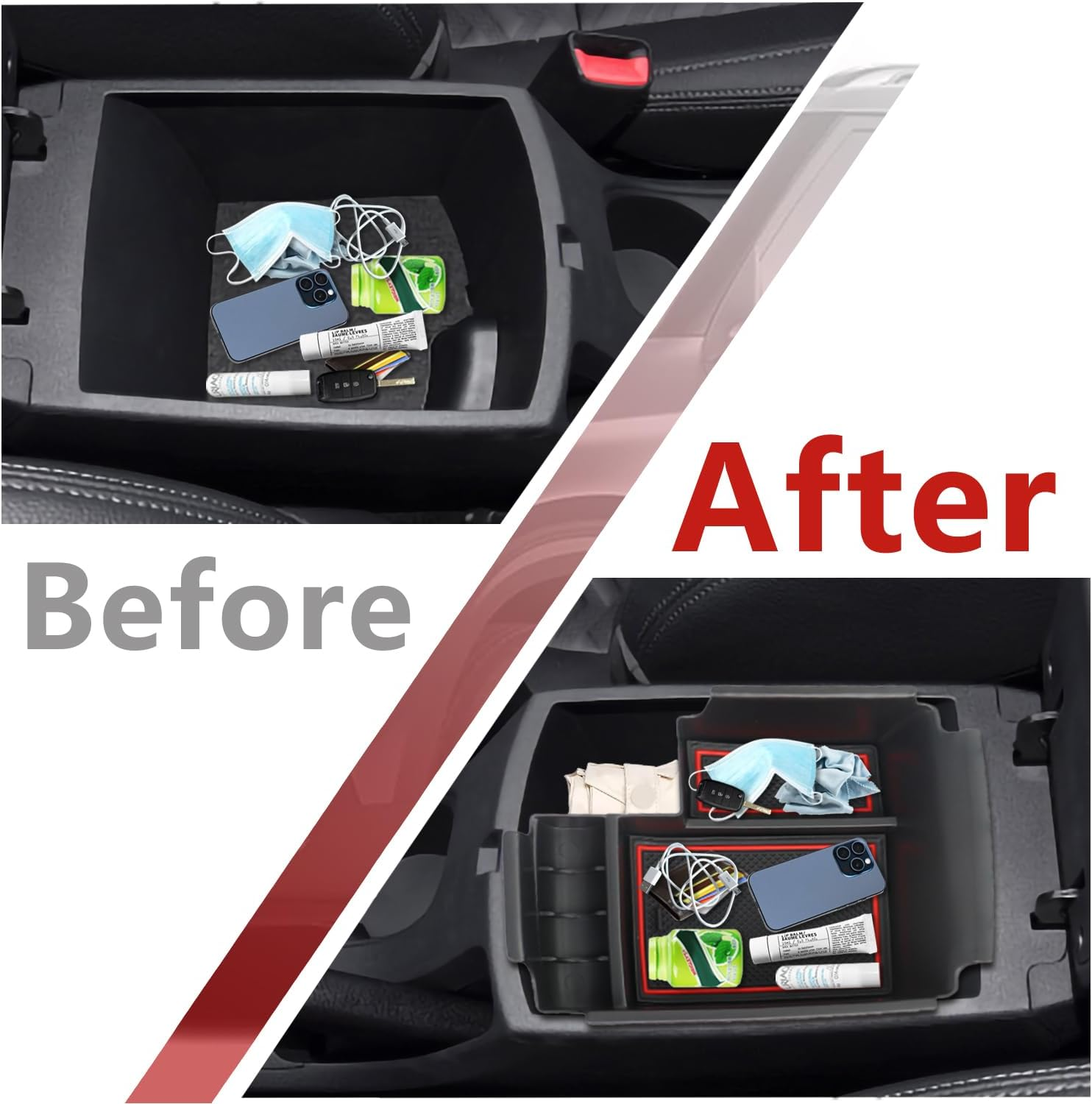 AFEISOL Center Console Organizer Tray Compatible with 2019-2024 Kia Forte GT/FE/EX/LX/LXS Interior Accessories, Insert Armsert Storage Box (Red) - Black image number 3