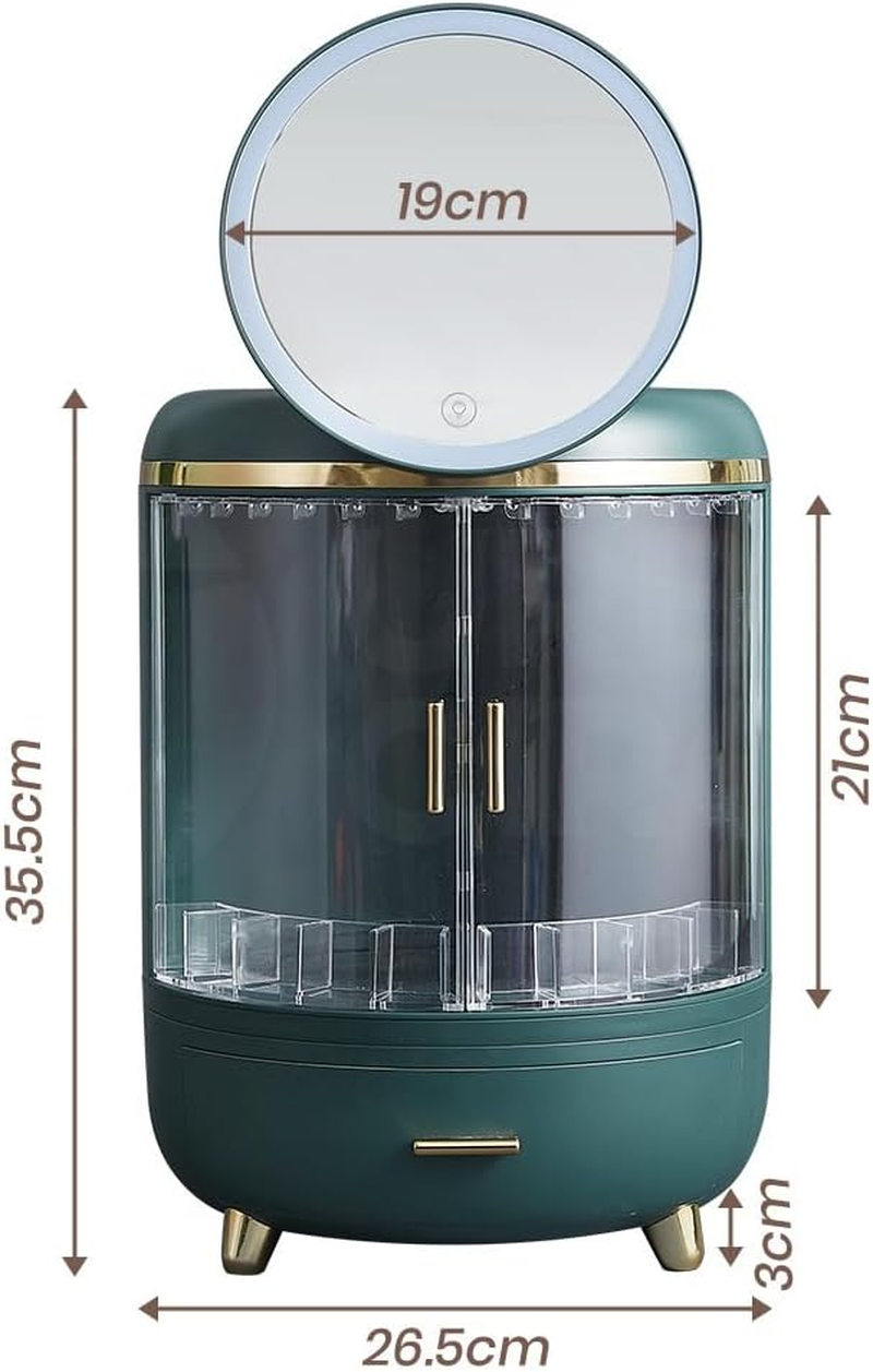 Furb Makeup Organisers - Waterproof Storage Box with LED Mirror, Dustproof Cosmetic Vanity Cases with 2 Drawers, Multi-Function Desk Cosmetics Display Storage Box (Green) image number 4