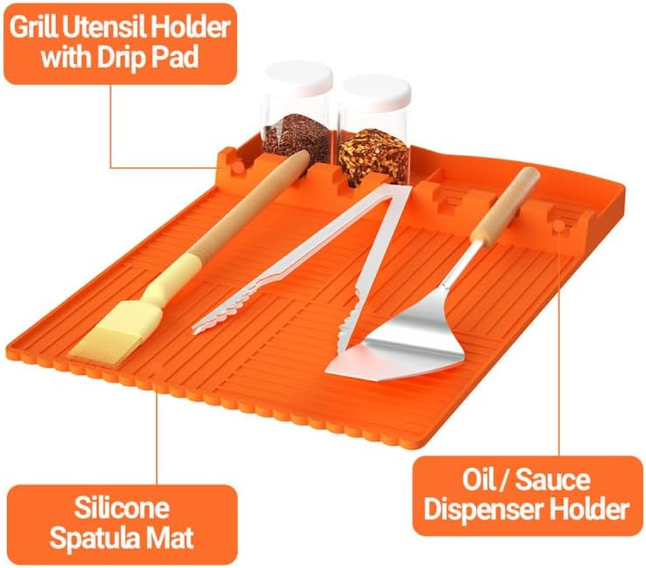 SOVYOULIVE 2PC Silicone Grill Mat Compatible for Blackstone, Silicone Griddle Tools Mat with Drip Pad, Spatula for Outdoor Grill Kitchen Cookiing Countertop (Orange, Gray) image number 4