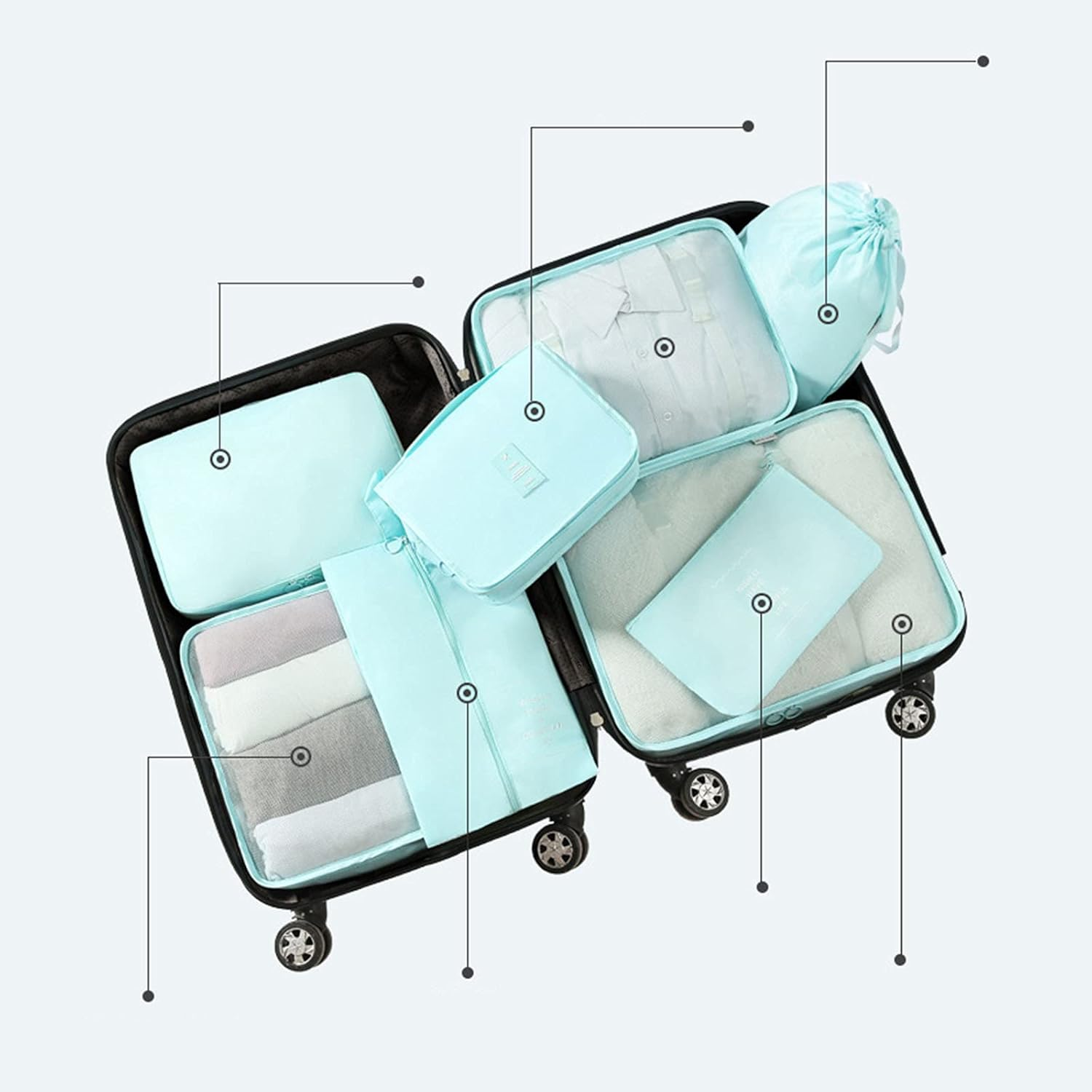 OEIPSMK Packing Cubes for Travel 8 Set Packing Cubes, Travel Luggage Organizers Waterproof Clothing Finishing Storage Bag with Laundry Bag & Shoe Bag for Clothing Cosmetics,White image number 5