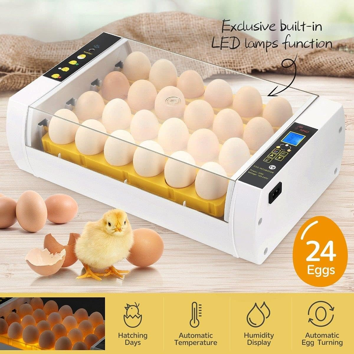 Pet Scene 24 Eggs Digital Egg Incubator Automatic Turning Home Farm Hatching Chicken Pigeon Quail Eggs with LED Candling Lamps