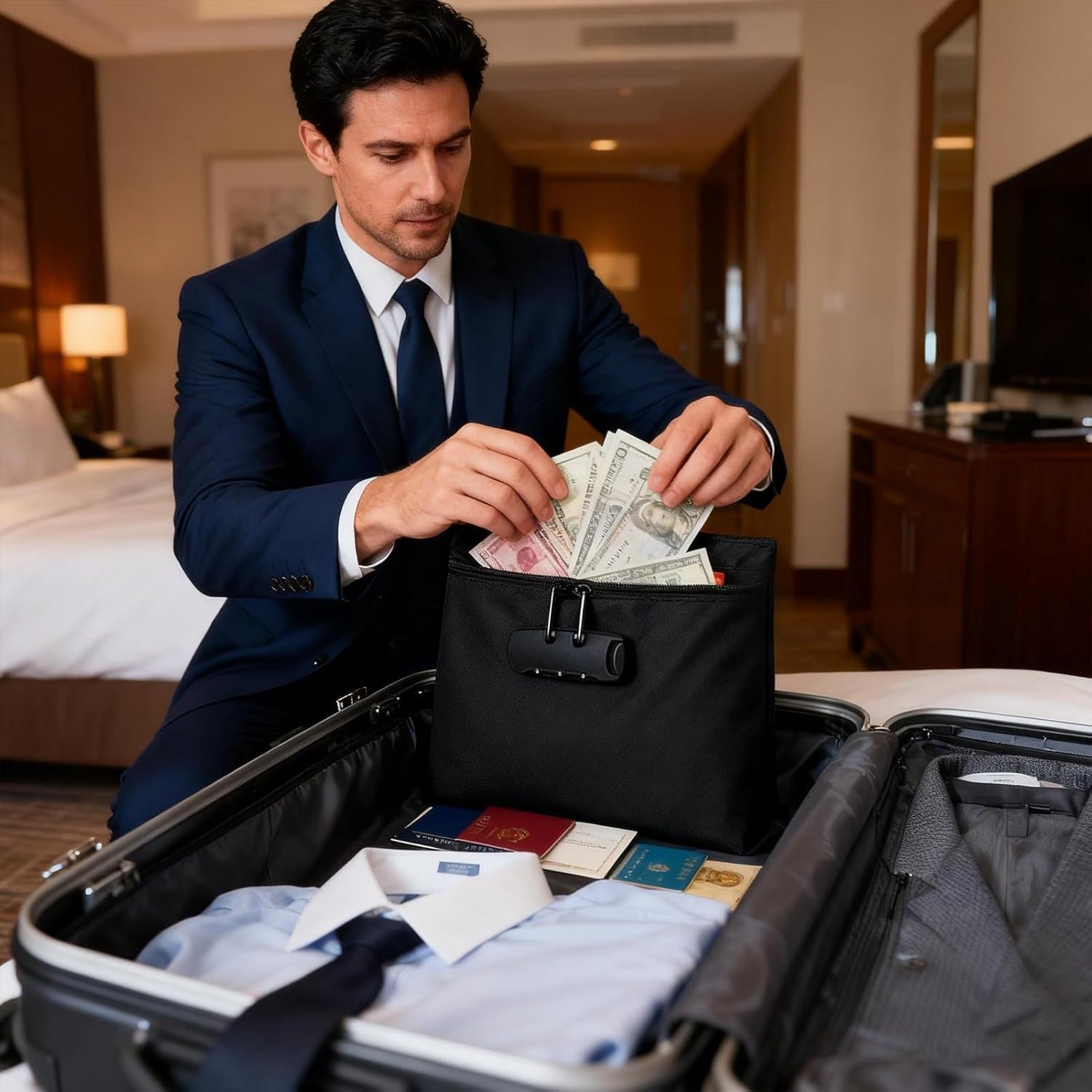 Locking Money Bag, Waterproof Zipper Organizer Pouch with Three Digit Lock, Travel Storage Case with Secure Closure, Keys Jewelry Passport Valuables, Documents Tickets 12.6X9.45X3.15 Inches - Blue image number 7