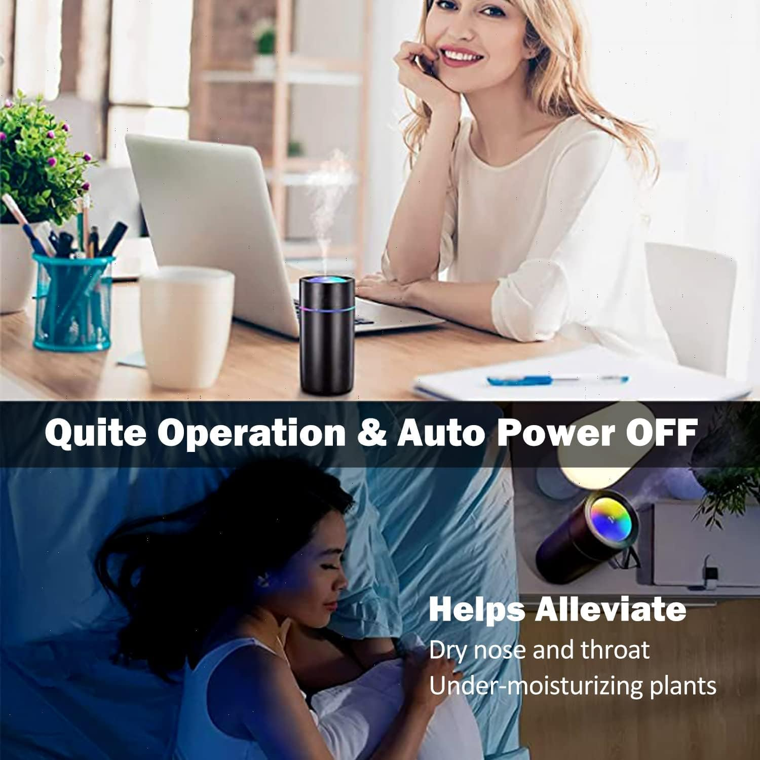 Humidifiers for Bedroom Portable Mini Humidifier with 7-Color Lights, Auto Shut-Off Small Desk Humidifier [2 Mist Modes] Super Quiet USB Personal Humidifier for Bedroom, Car, Office, Travel, Plants image number 4