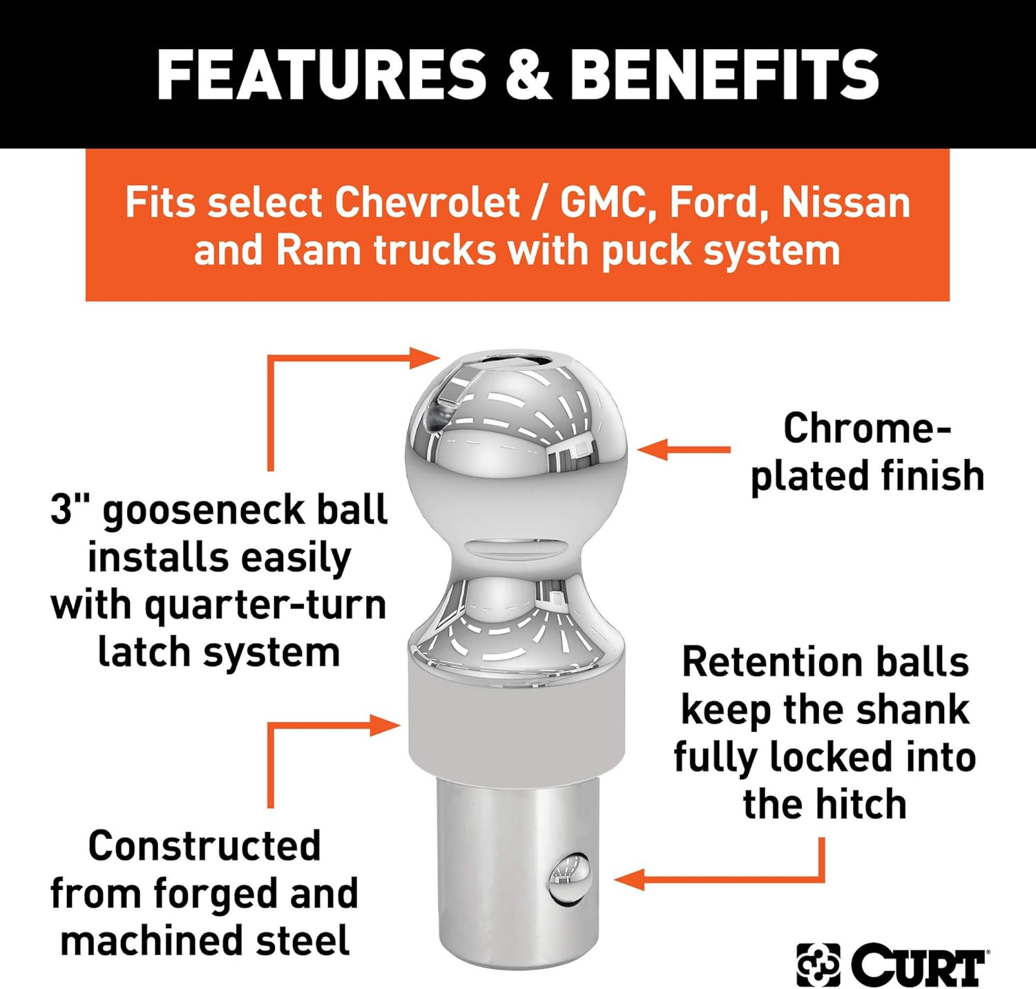 CURT 60628 30K Factory Style 3-Inch Gooseneck Ball, Fits Select Chevrolet Ford, GMC, Nissan Titan XD, Ram, Puck System Required