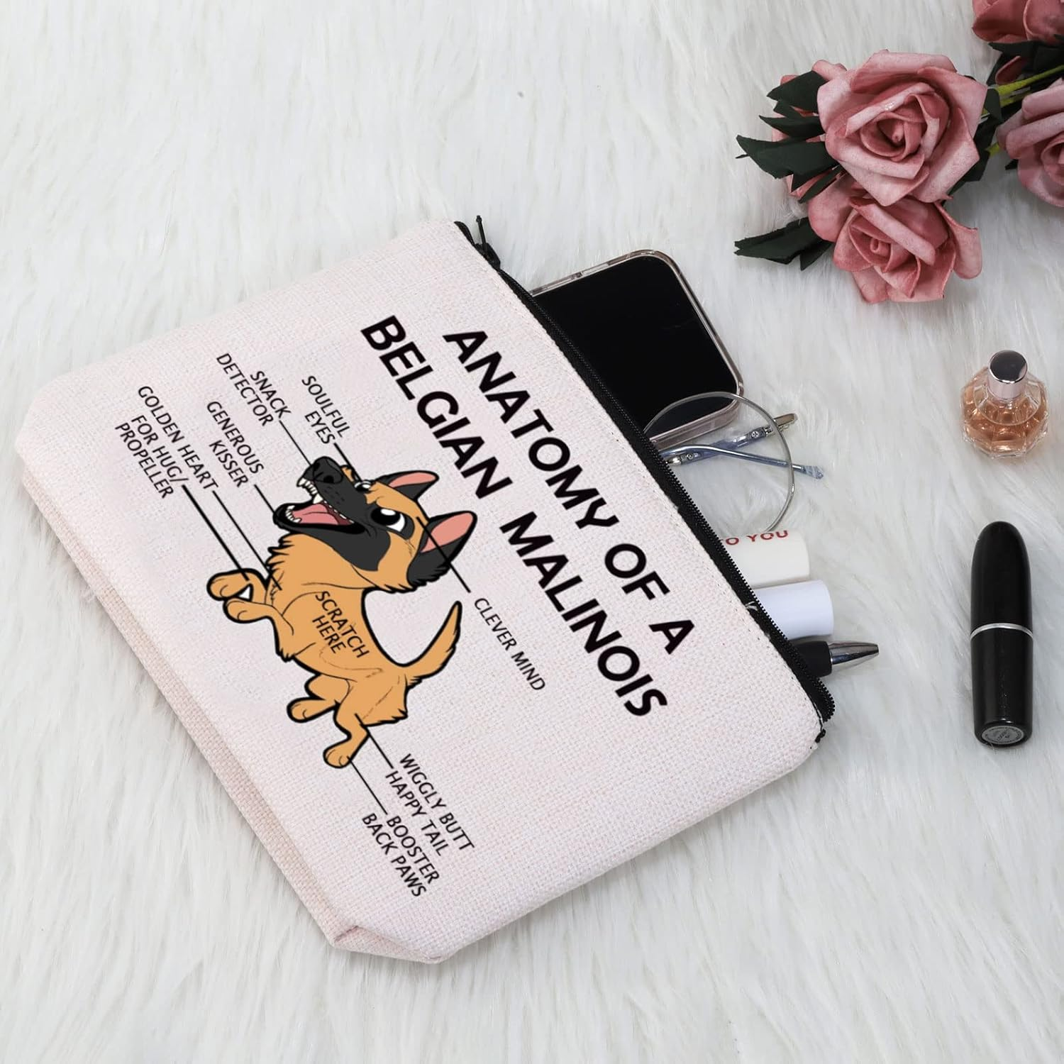 G2TUP Belgian Malinois Dog Lover Gift Anatomy of a Belgian Malinois Makeup Bag Belgian Malinois Mom Cosmetic Bag Dog Owner Zipper Travel Bag, Anatomy of a Belgian White Bag image number 4