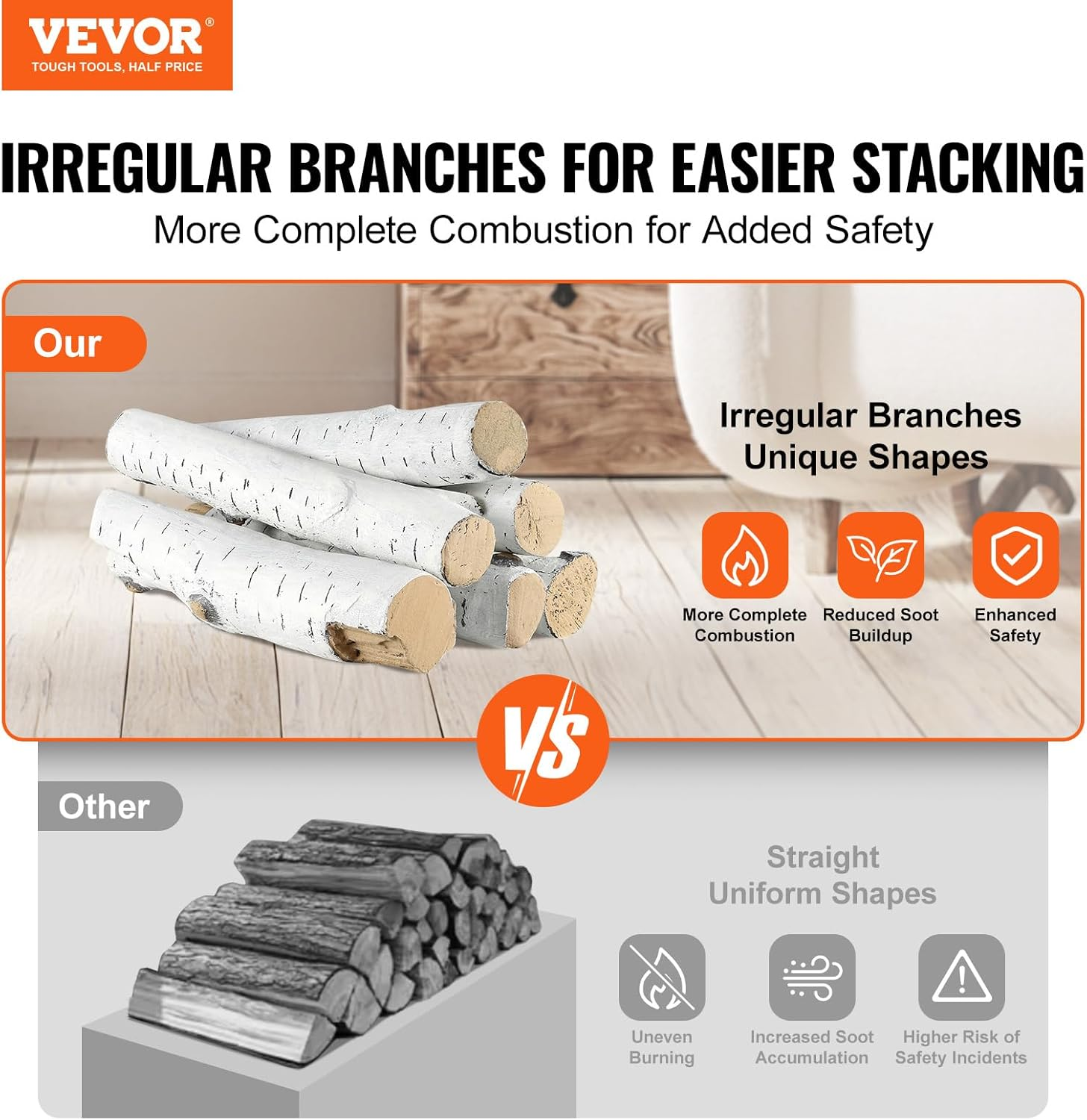 VEVOR 6 Pcs Large Withe Birch Logs, Gas Fireplace Ceramic Logs for Fire Place, Heat-Resistant Wood Log Gas Realistic Logs, Stackable Wood Branches for Gas Fireplace, Firebowl Indoor or Outdoor image number 6