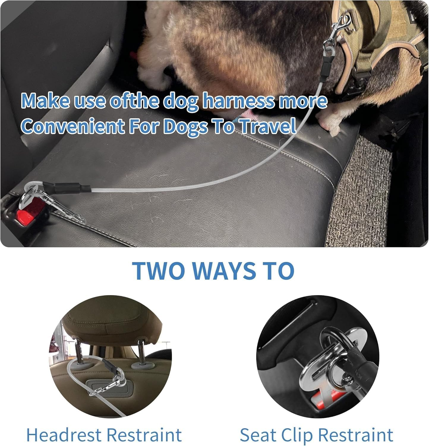 80 CM Dog Seat Belt Harness for Car, Chew Proof Tether Cable Dog Vehicle Seatbelt Safety Restraint, 360&deg; Rotation Hook Steel Cable Dog Headrest Support image number 2