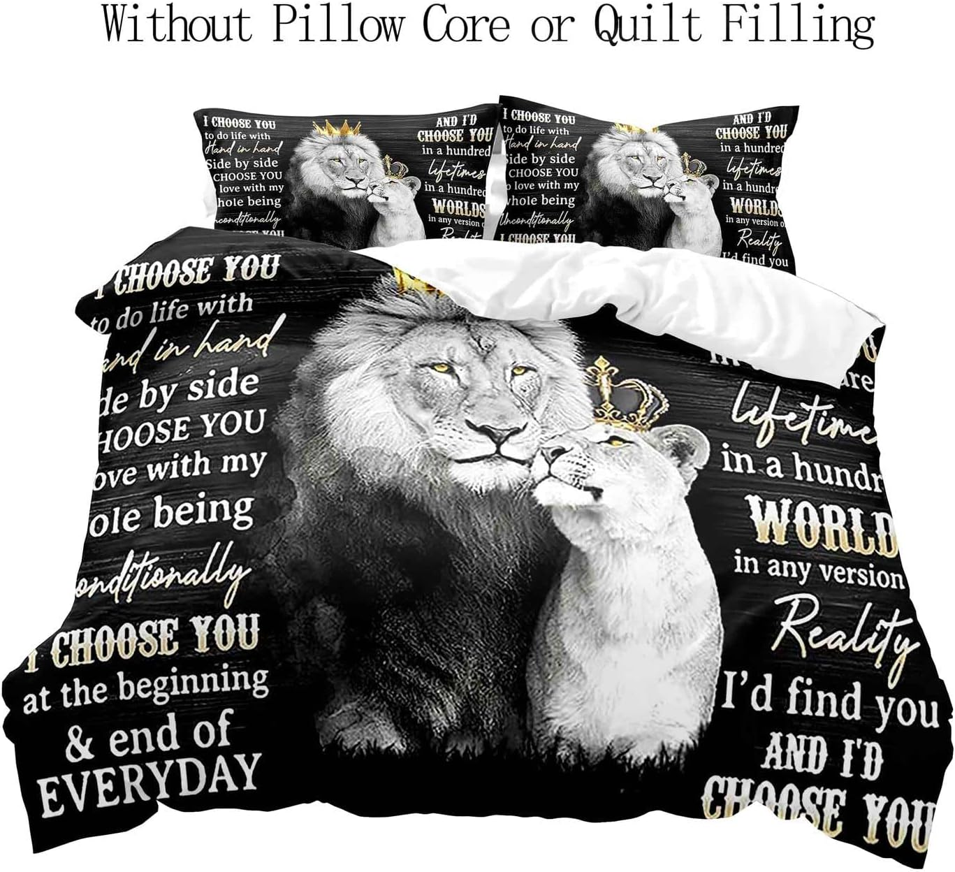 VIVIHOME 3PCS Lion King & Queen Bedding Set, African Safari Animal Black Bedding, Comforter Cover, Wedding Valentines Bedroom Decor for Couples, Romantic Lion Couple Gifts, I Choose You, 2 Pillowcases