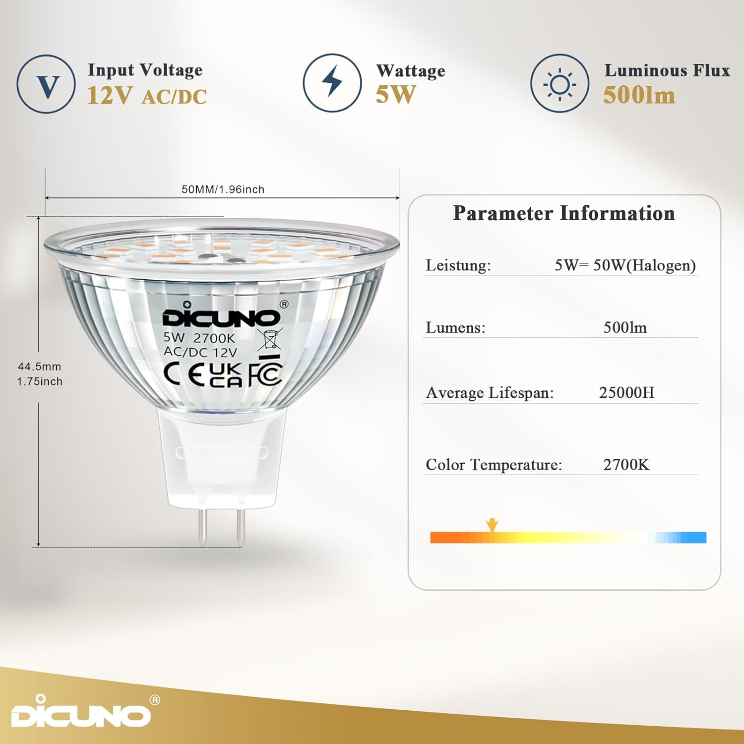 Dicuno MR16 LED Bulb, GU5.3 5W Spotlight, 50W Halogen Equivalent, 500LM, Warm White 2700K, 12V, 120&deg; Beam Angle, Non-Dimmable, 6 Packs - Natural White 4000K image number 2
