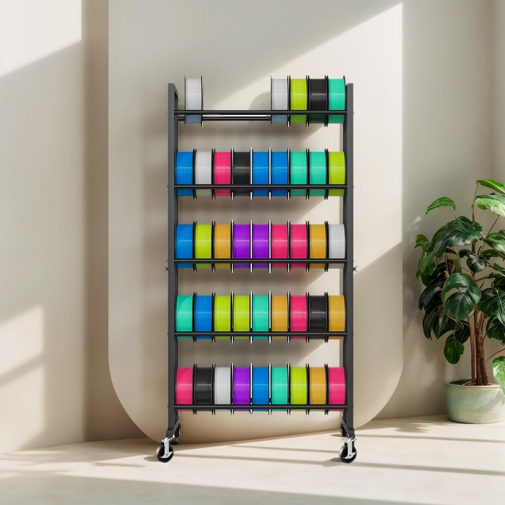 Lokkr 3D Printer Filament Storage Rack - 5 Tier Rolling 3D Printer Accessories with Wheels & Flat Feet, Heavy Duty Metal Shelf for PLA/ABS/TPU, Filaments Holder for 3D Printing Business/Studio