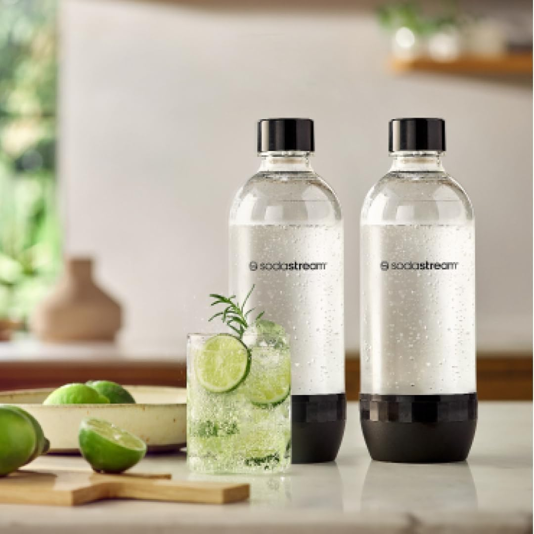 Sodastream - Standard Black 1 Litre Bottle, Twin Pack | Carbonating Water Bottle | Bpa-Free & Dishwasher Safe | Hermetic Sealing Lid | Compatible with Most Models | Easy Soda Making, 1L, Plastic image number 1