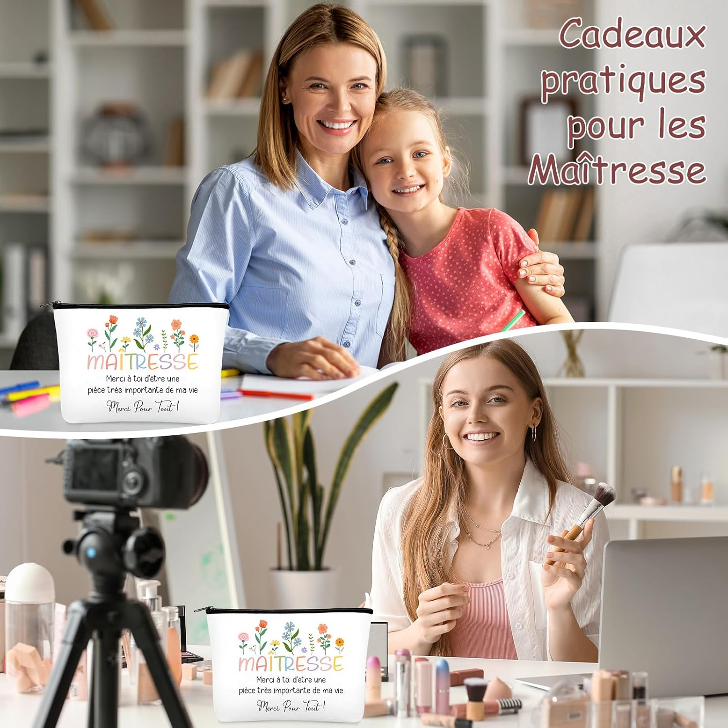 Xuniea Set of 3 Thank You Gift Set for Teachers Includes 1 Cosmetic Bag for Teachers, 1 Makeup Mirror with Magnifying Glass and 1 Double-Sided Keyring with Engraving image number 2