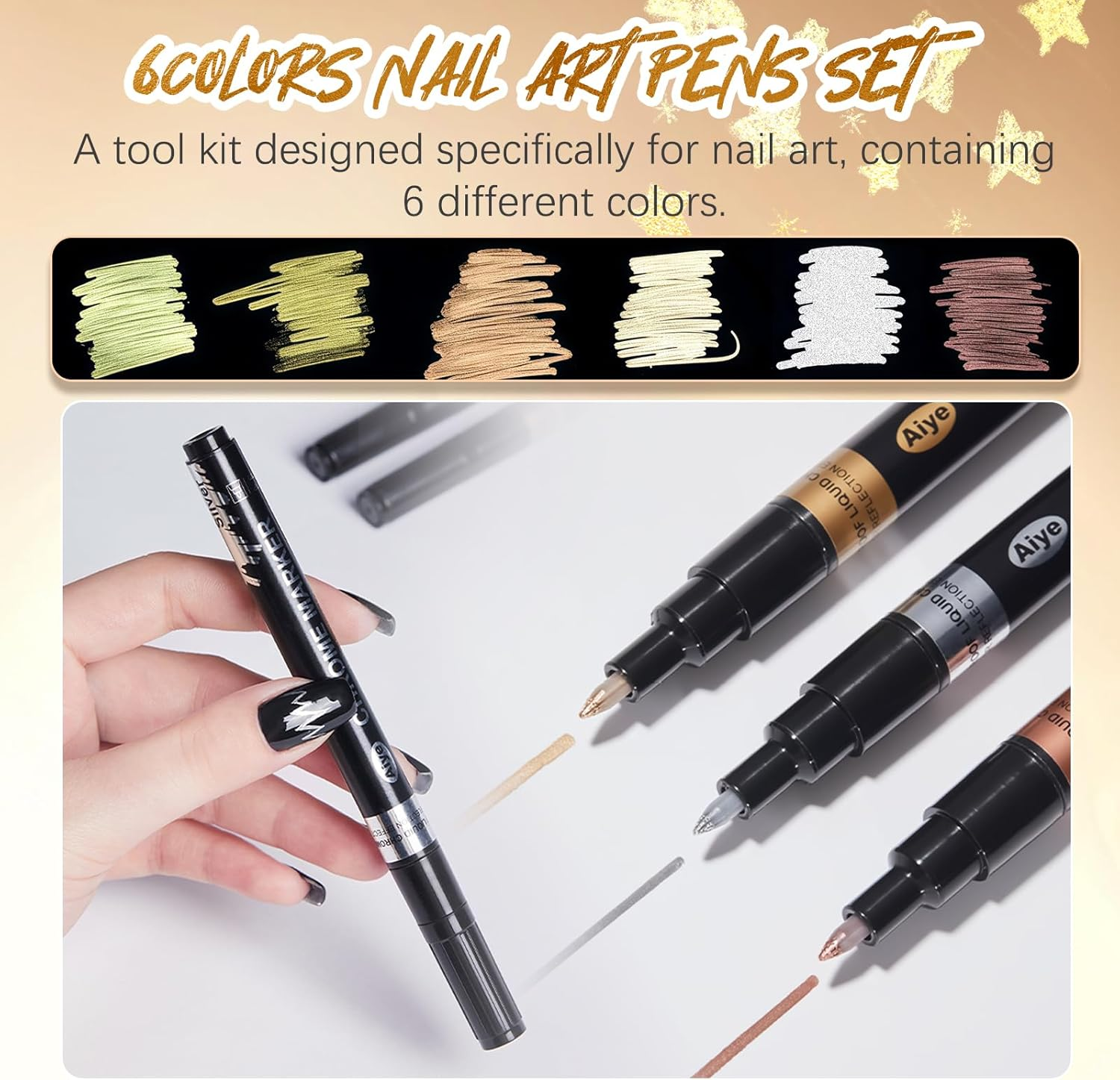MKNZOME 6 Color Nail Art Pens, Nail Polish Pens Set Nail Chrome Eraser Pen Drawing Painting Point Liner Pens with Eraser Pen, Waterproof and Quick-Drying