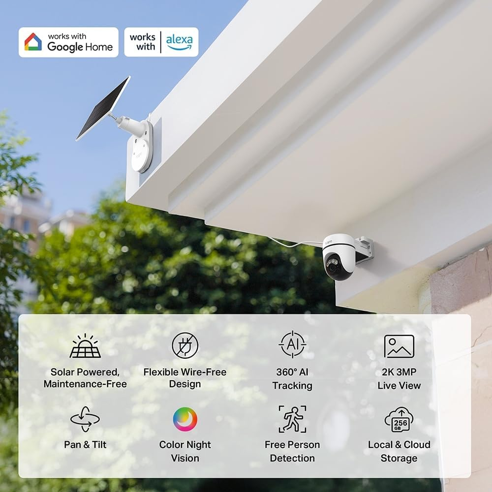 Tapo Solar-Powered Pan/Tilt Security Camera Kit, 2K 3MP, 360&deg; AI Tracking, Upgraded Patrol Mode, Free AI Detection, Sound/Light Alarm, Colour Night Vision, IP65, Local or Cloud Storage(Tapo C610 KIT)