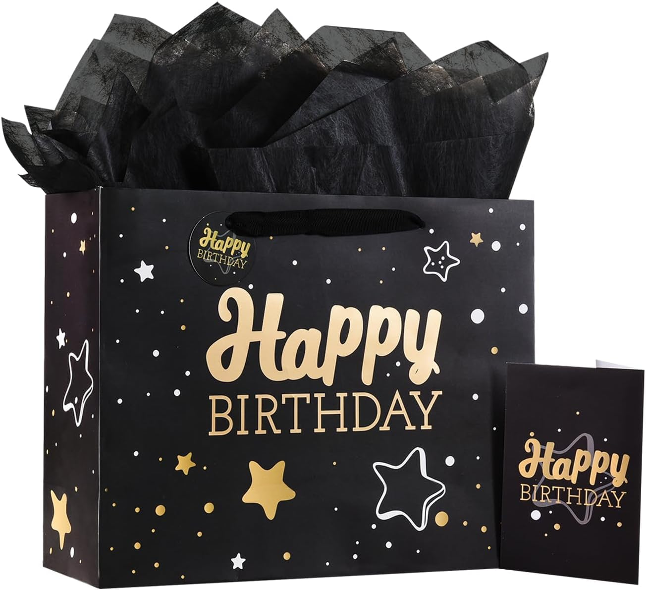 PAOFUFUI Birthday Gift Bag with Tissue Paper and Greeting Card, 13'X10.2'X4.9' Unisex Includes Card, Ribbon, Crinkle Paper (Black Starry Sky)