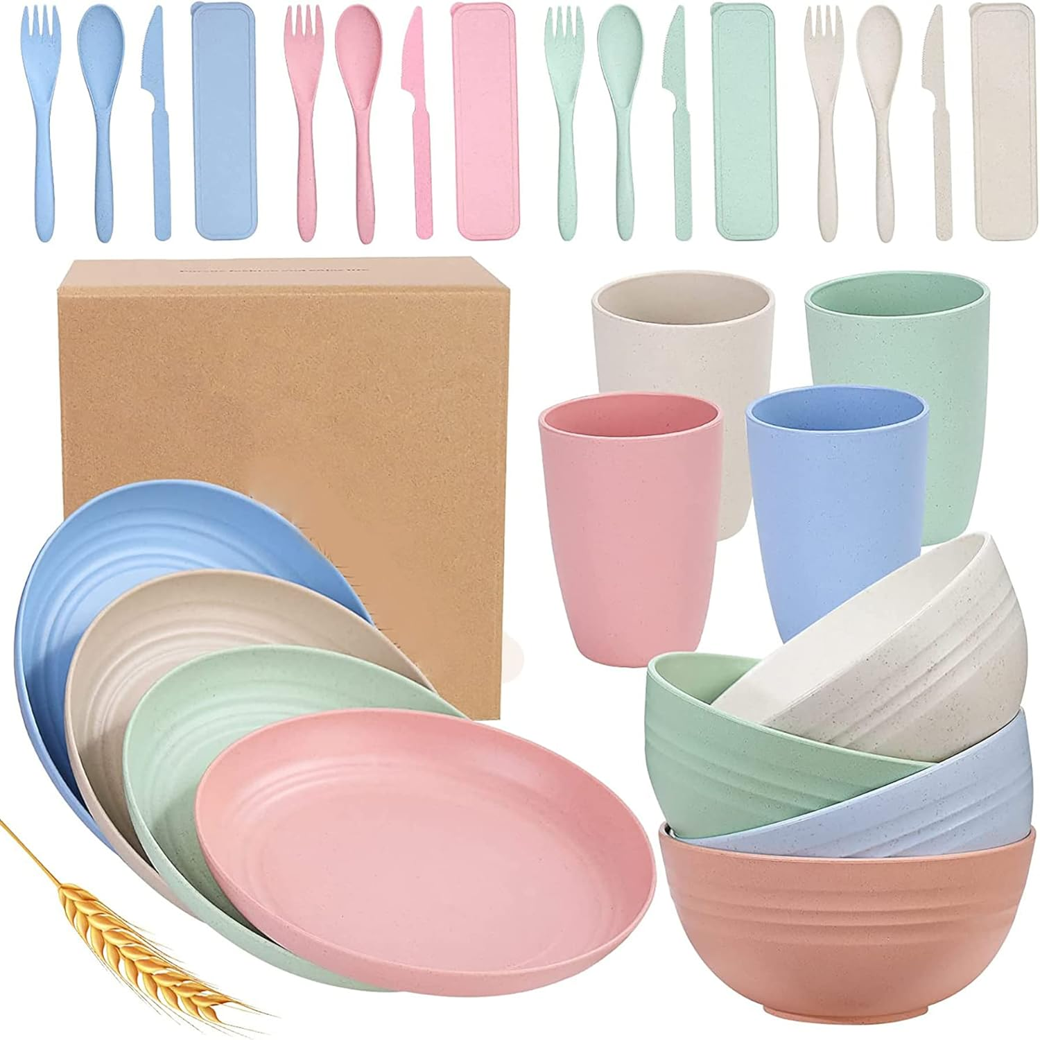 28 Pieces Bowl Set Tablewares, Wheat Straw Plates,Lightweight Degradable Dinner Plates Set,Bowls, Cups, Tablewares Set, Dishwasher Safe Dinnerware Set, Unbreakable Salad Plates
