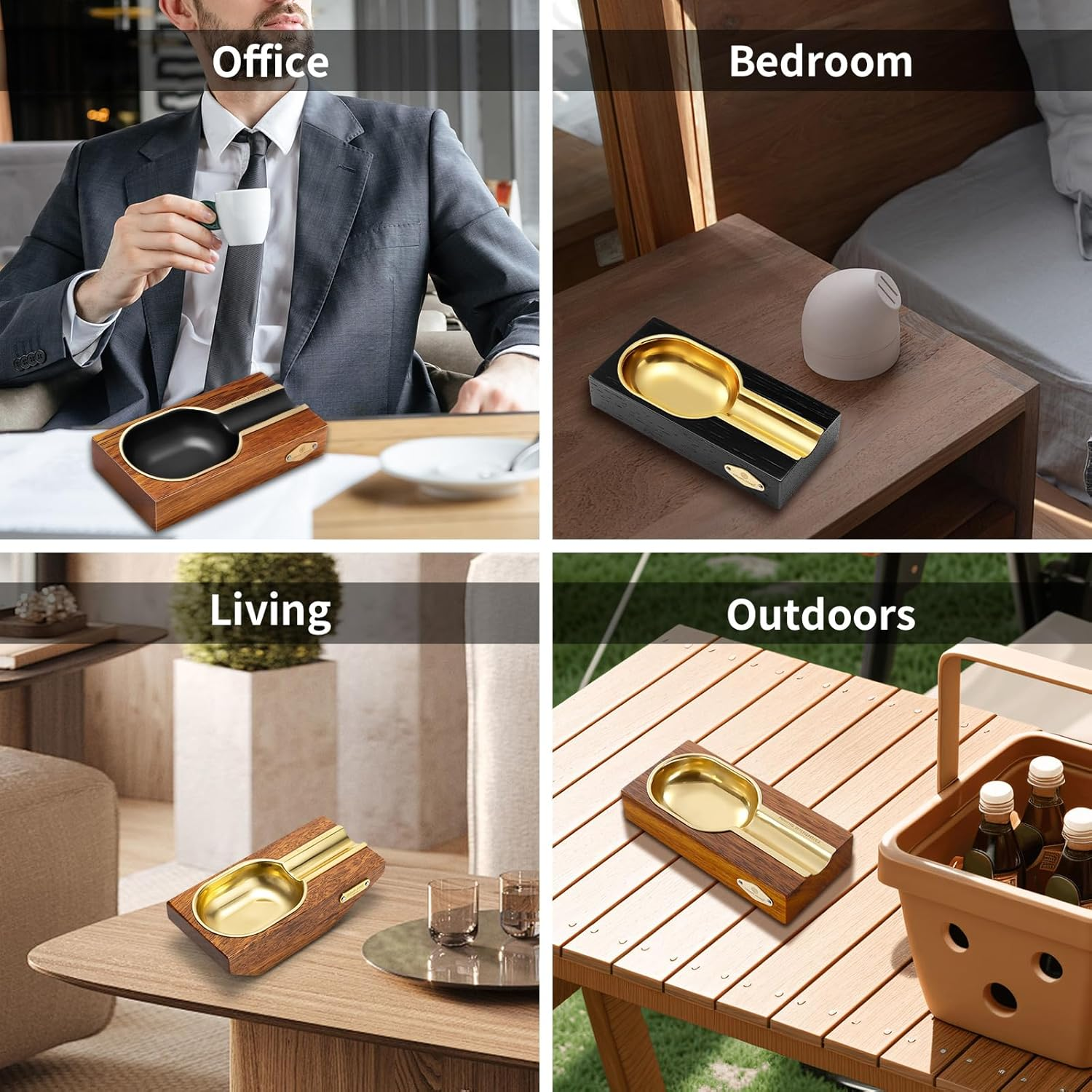 Cigar Ashtray, Wooden & Stainless Steel Slot for Single Cigars, Large Cigar Holder for Household or Outdoors Use (Brown) image number 1