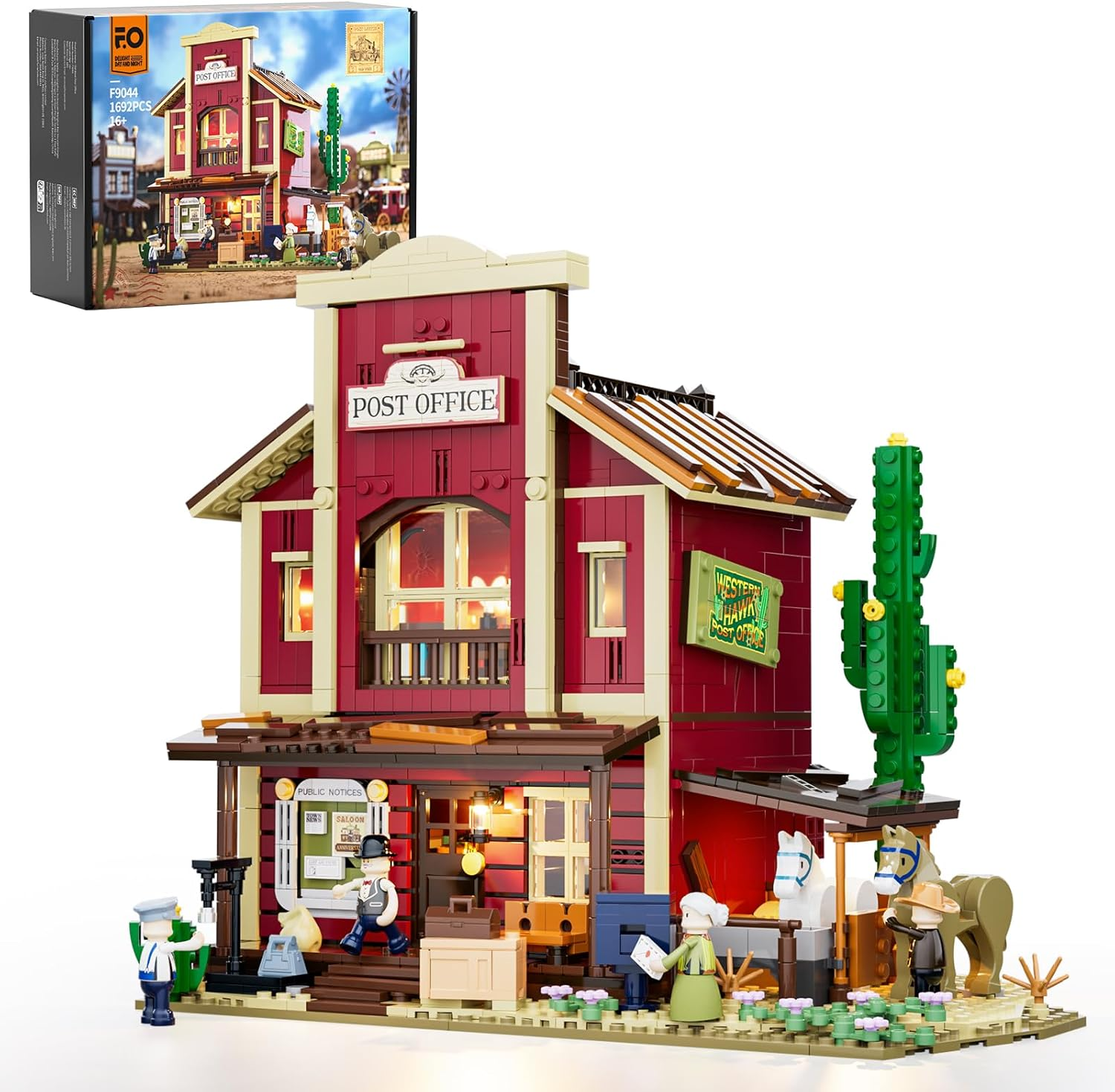 FUNWHOLE Old West Post Office Lighting Building-Bricks Set - 1692 Pcs the Wild West Town Collection Display Set for Adults and West Lovers image number 4