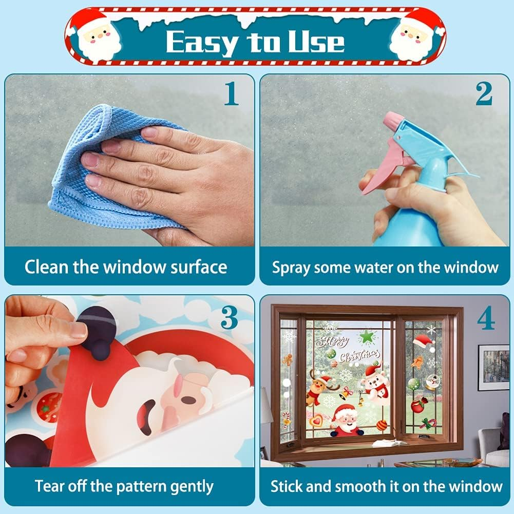 Christmas Window Clings Decorations 9 Sheets 242 Pcs Xmas DIY Window Stickers Snowflake Reindeer Santa Claus Removable Static Stickers for Christmas Window Door Refrigerator Cabinet Decor