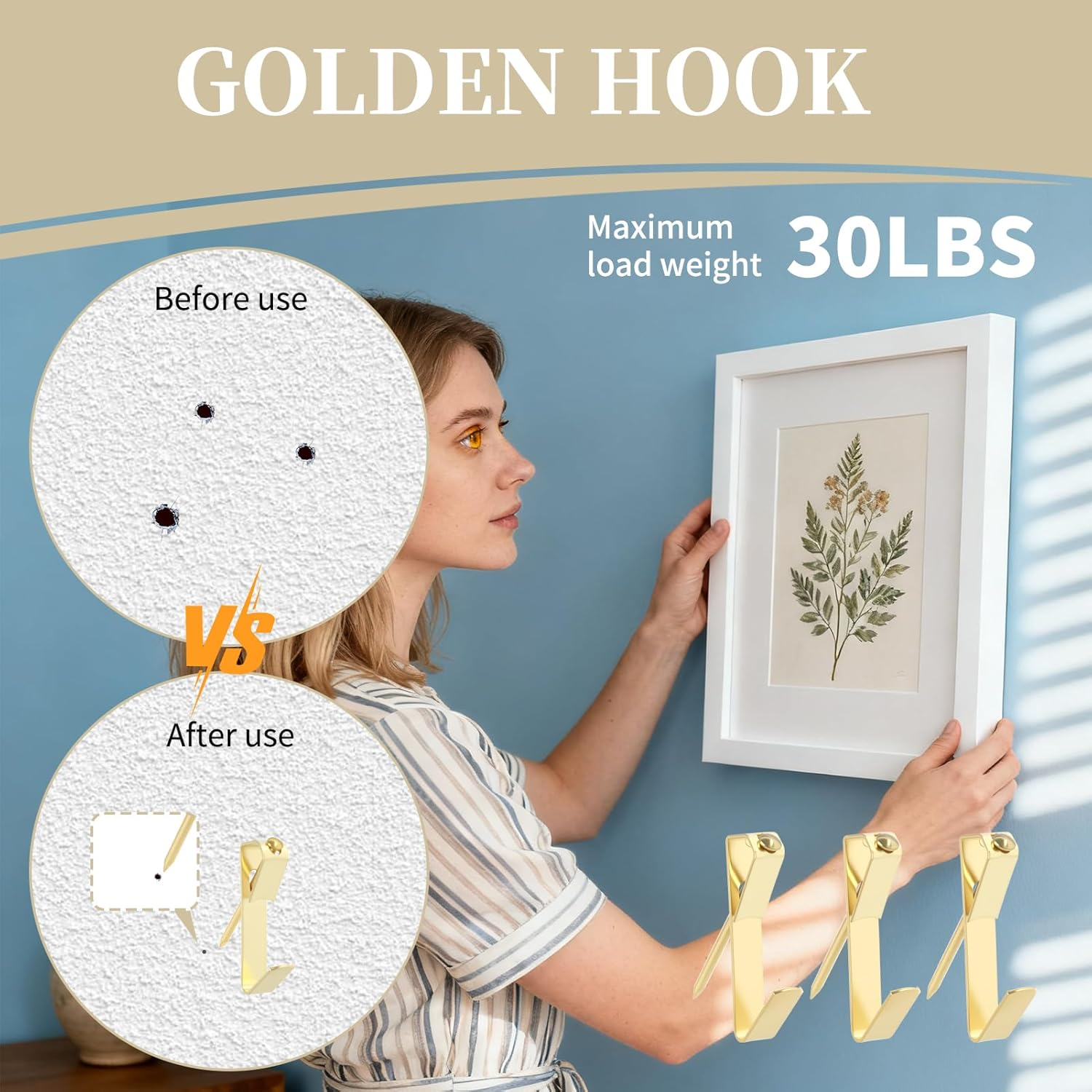 100 Pcs Picture Hanging Kit, Golden Wall Hooks with Nails, Heavy Duty Photo Frame Hangers for Drywall & Wooden Walls Includes 30LB & 50LB Hooks Minimal Damage