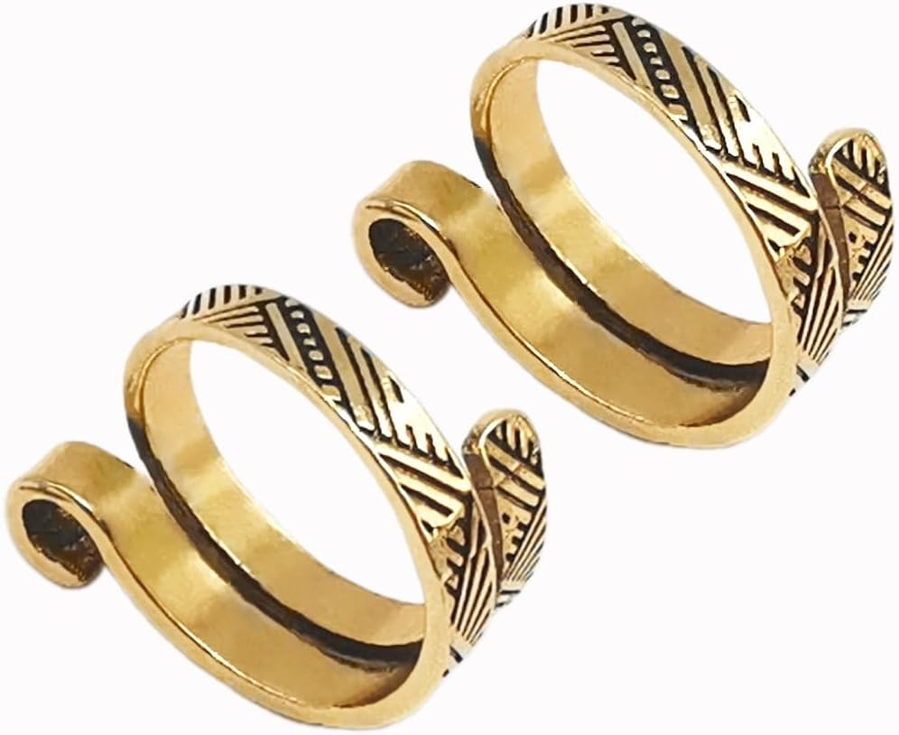 YUESUO Knitting Crochet Loop Ring for Fingers, Metal Adjustable Opening with Simple Pattern, Finger Yarn Guide, Braided Tail for Crochet (Gold, 2 Pack)