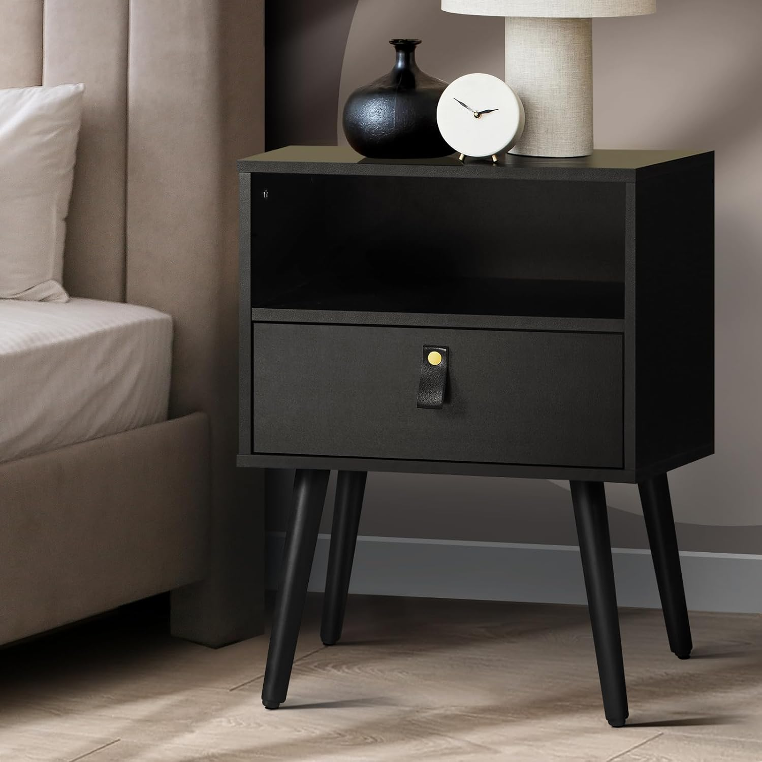 Oikiture LED Bedside Table High Gross Nightstand Drawer Home Furniture Black