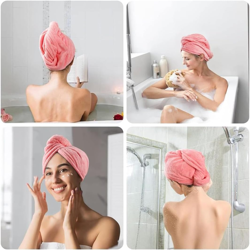 3 Pack Microfiber Hair Drying Towel Hair Drying Towel with Buttons, Super Absorbent, Quick Drying, Fluffy, Pink, Green, Brown