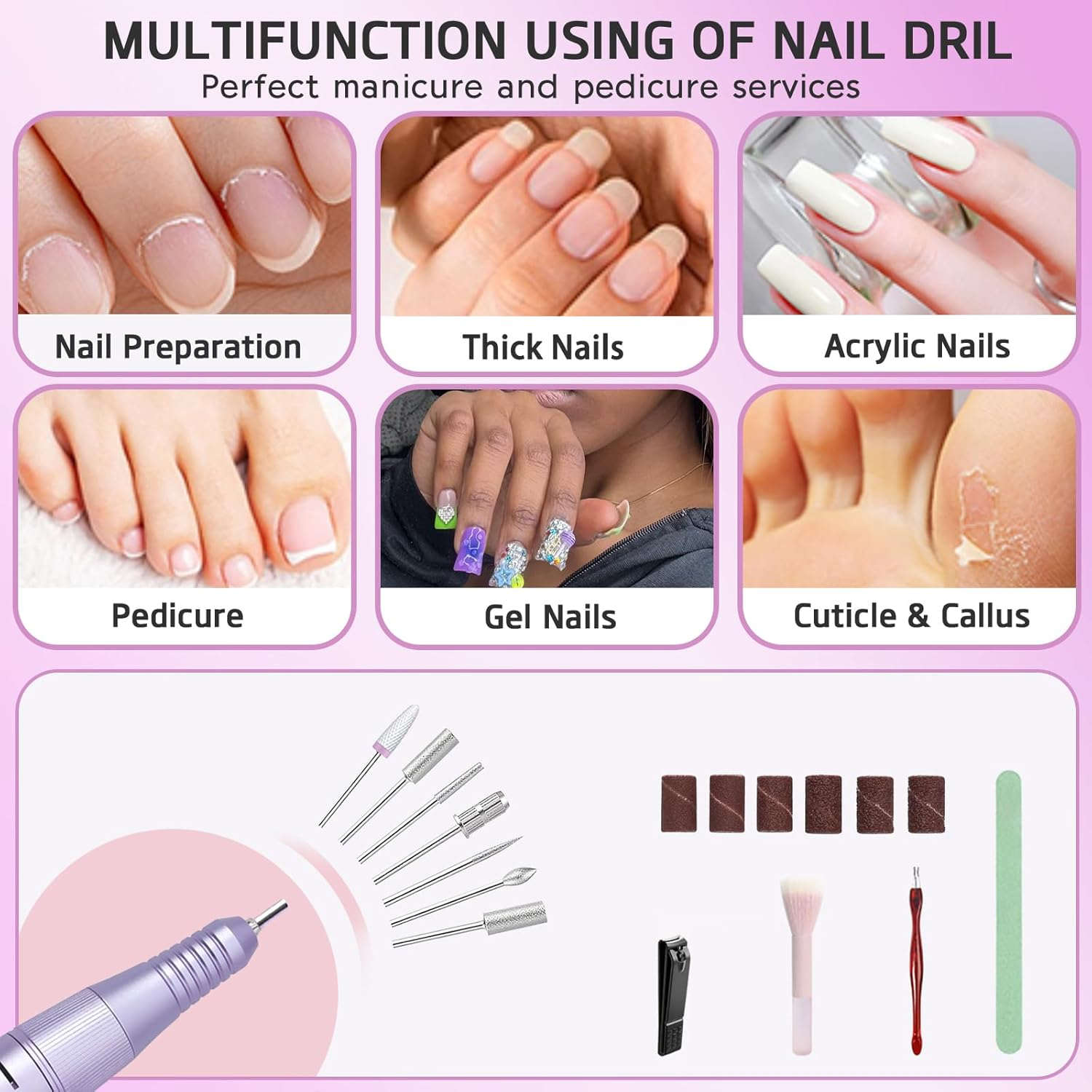 Professional Electric Nail Drill File, 45000RPM Rechargeable Cordless Nail Drill Kit Portable with 7 Bits & Base, HD Display, Low Noise for Shaping, Manicure, for Salon, Home Use (Purple) image number 4