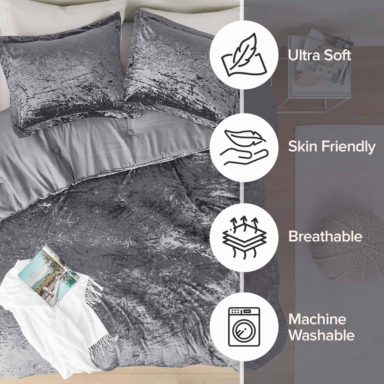Comfort Spaces Juliette Luxe Comforter Set Velvet Lush with Natural Sheen, Soft Reverse Microfiber Modern All Season Cover, Cozy Bedding, Matching Sham, Grey Twin/Twin Xl(66"X90") 2 Piece image number 6