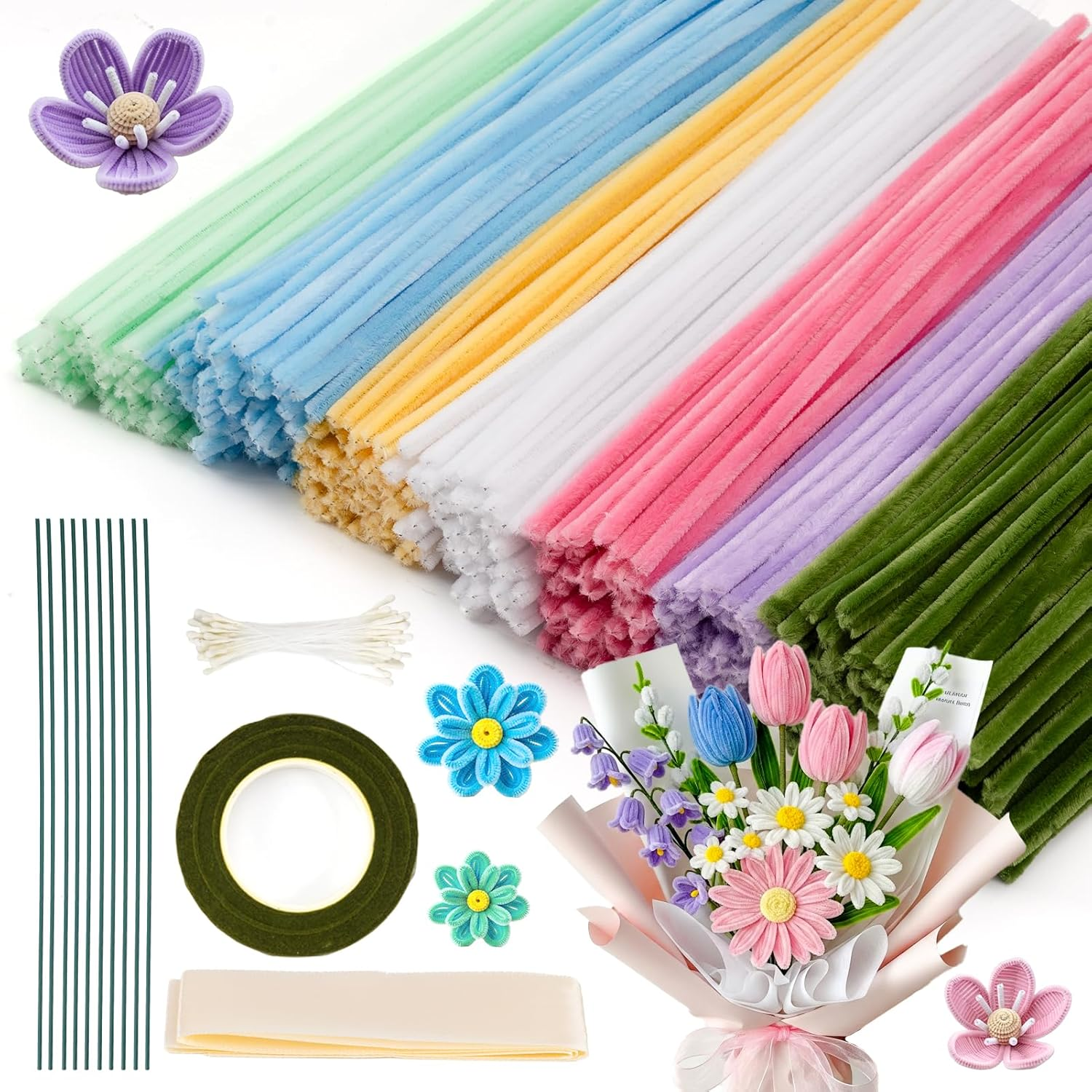 Caydo 500 Pieces Pipe Cleaners Flower Set, Chenille Stems, Pipe Cleaner Craft Supplies Bulk Fluffy Fuzzy Sticks for DIY Art Projects Creative Gift Party Decorations (Macaron) image number 1