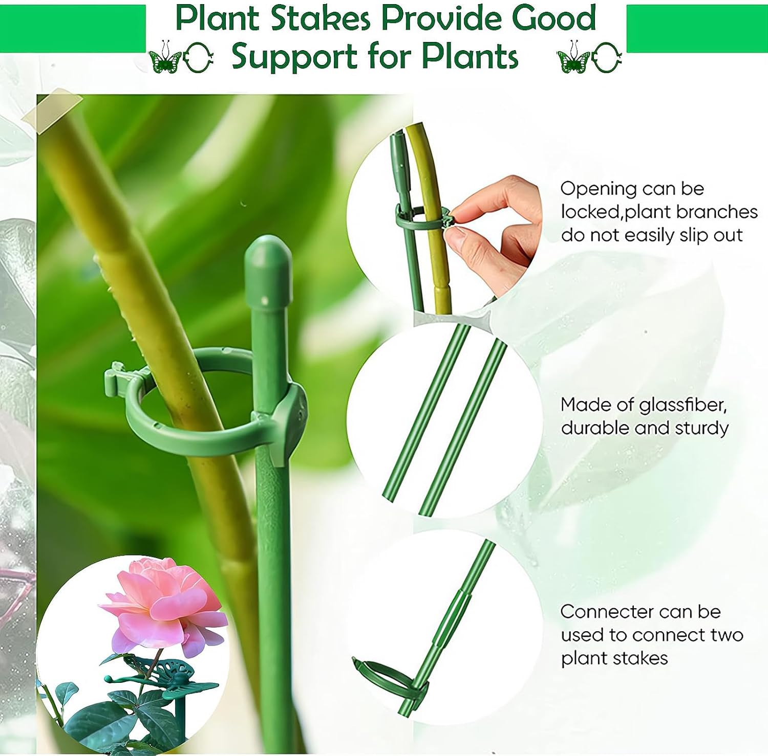 20Pcs Plant Support Stakes for Garden,12-Inch Adjustable Rings with 20 Butterfly Clips, 20 Snap Fasteners& 10 Connecting Tubes - Sturdy Stakes for Vegetables,Flowers,Potted Plants,Tomatoes,Roses image number 5