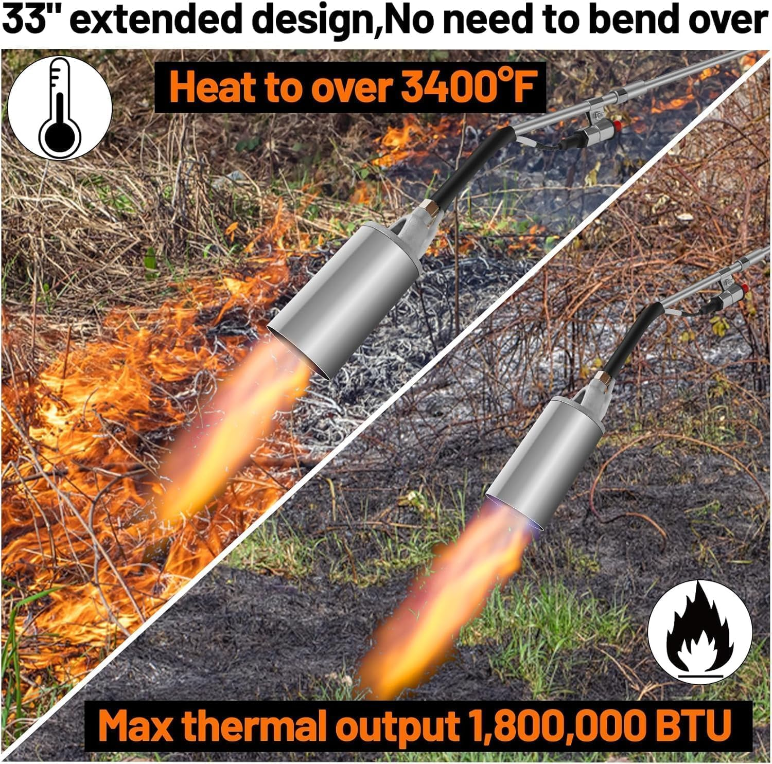 Propane Torch Weed Burner, 1,800,000 BTU Propane Gas Blow Torch Head Weed Torch with 10FT Hose, Flame Control, Turbo Trigger Push Button Igniter, Flamethrower for Burning Weed Roads Paint Removal image number 4