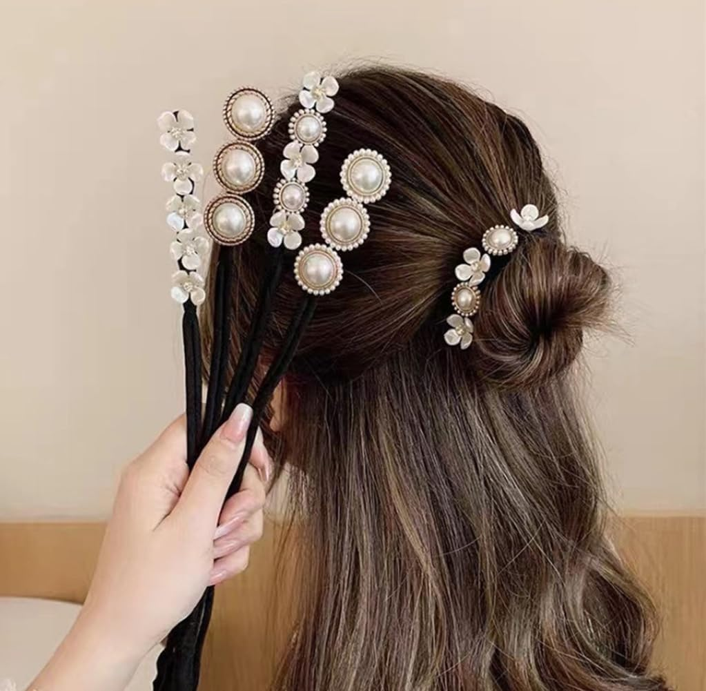 OHEETU 4Pcs Women Magic Hair Bun Maker French Hairstyle Hair Twist Curler with Pearl and Flower Buns Shaper Donut Bun Maker Elegant DIY Hair Styling Accessories for Women Girls image number 2