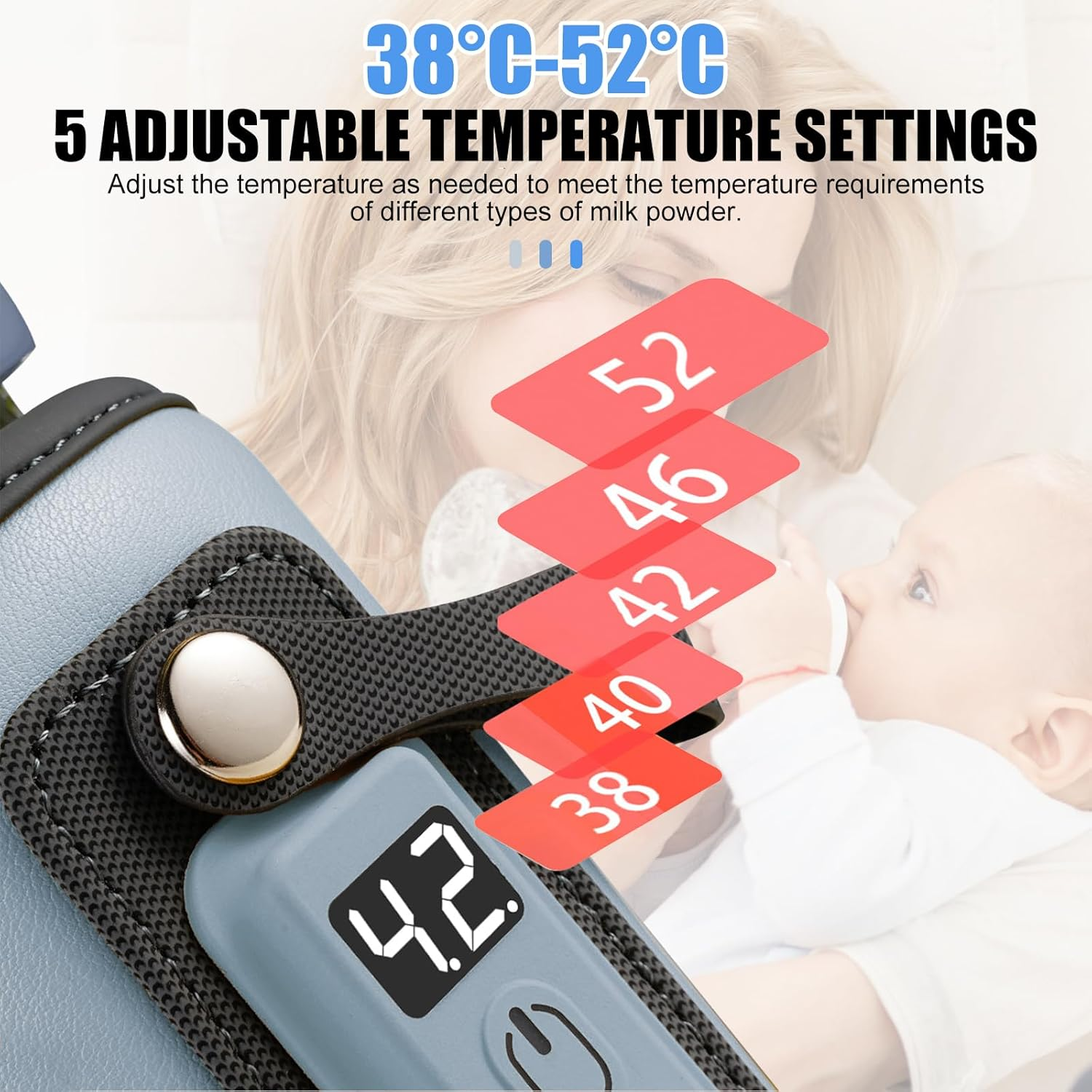 Baby Bottle Warmer Portable,Milk Warmer 5-Speed Temperature Adjustment,Usb-C Charging,Adjustable Velcro,Easy to Clean,Suitable for Most Baby Bottles,Blue image number 5
