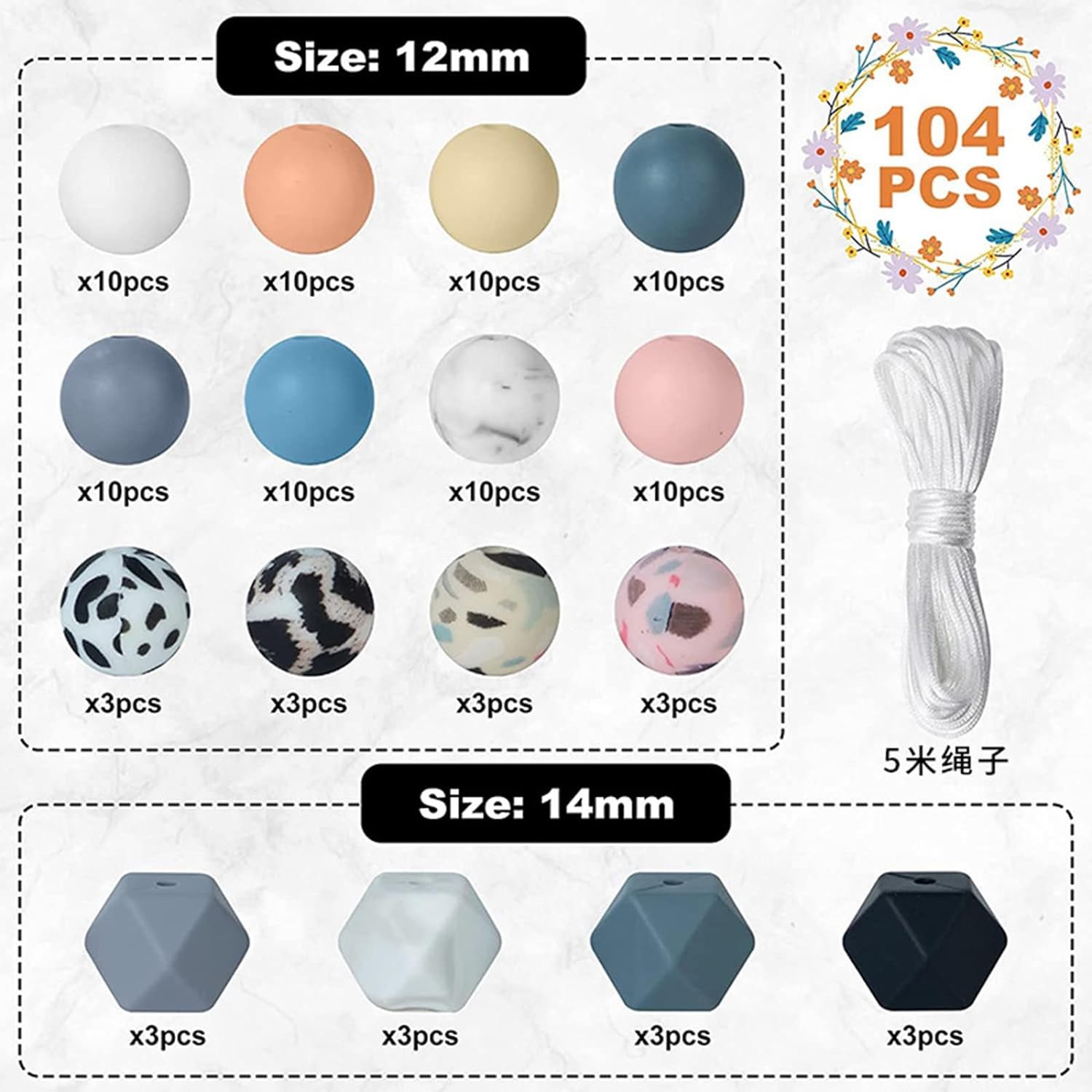 Silicone Beads Kit 104Pcs,14Mm Hexagon Beads,Diy Silicone Beads for Keychain Making, 12Mm Rubber Beads for Lanyard Making image number 1