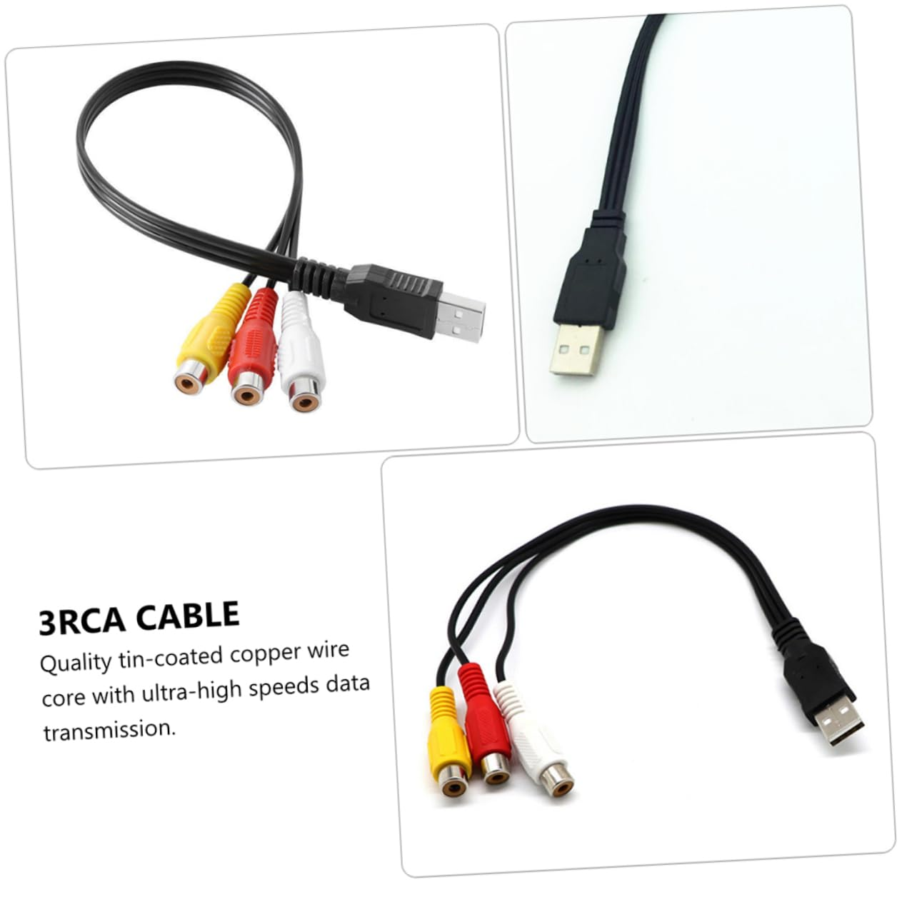 Jojofuny USB to 3Rca Audio Video Cable 2Pcs Set-Top Box Accessory 0.3M Connector Cable for Home Theater and Tv System
